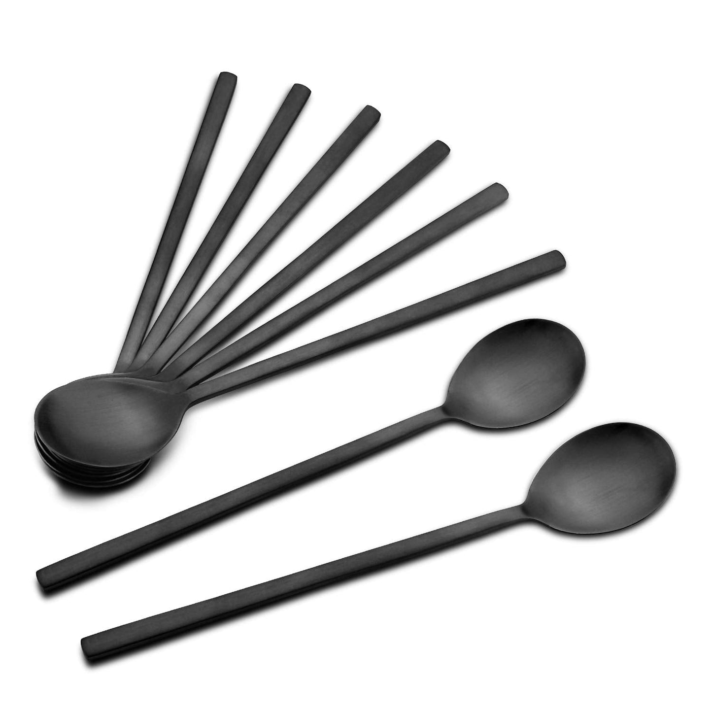 Soup Spoon, Korean Spoons, 8 Pieces Stainless Steel Asian Soup Spoon,8.5 Inch Long Handle Korean Dinner Ramen Spoons for Home Kitchen or Restaurant (Black)