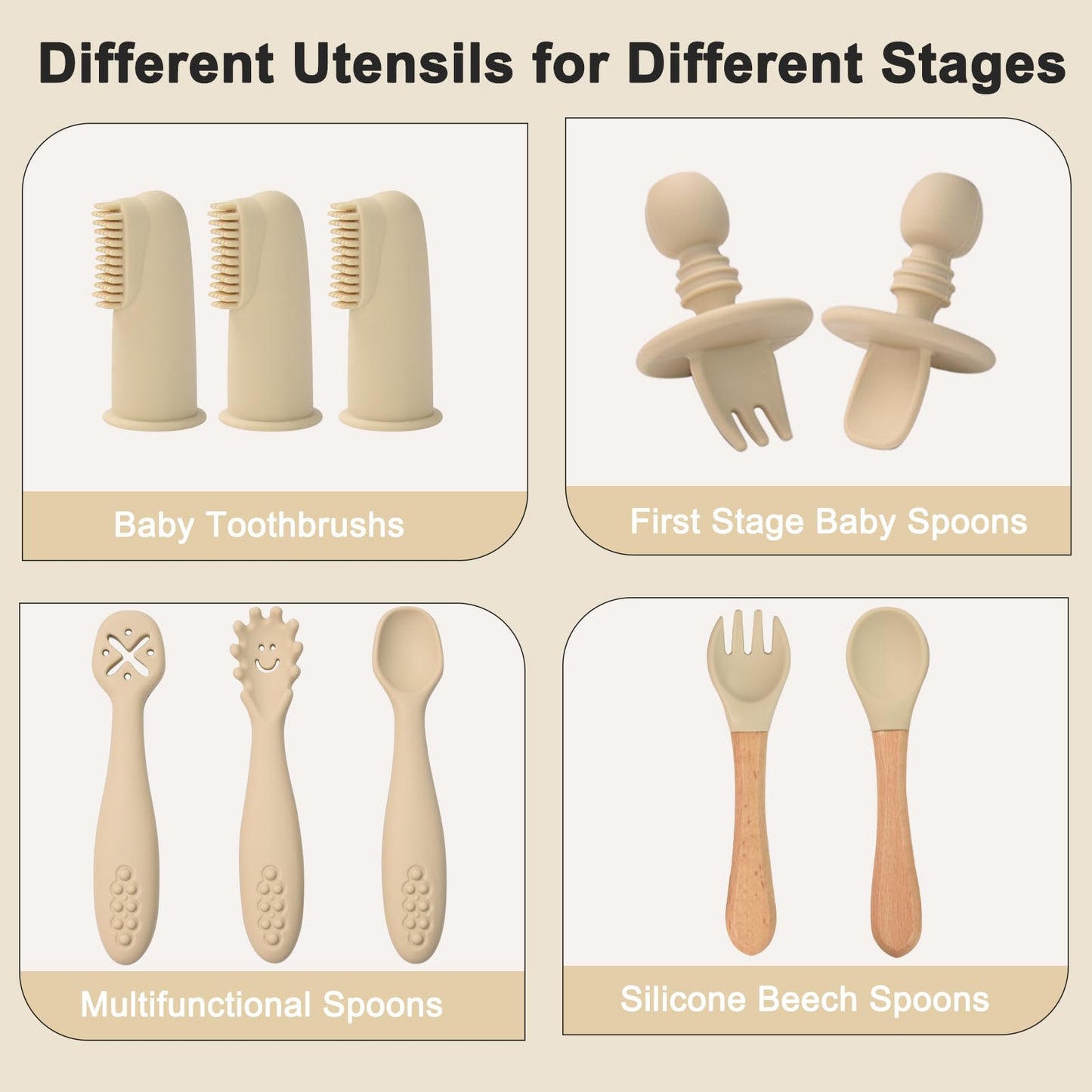LITTLE RAWR Silicone Baby Feeding Set 14 Pcs,Baby Led Weaning Supplies, Baby Spoons Suction Bowl Divided Plate Bib Cup Finger Brush,First Stage Solid Food Eating Utensils - 6+ Months(Beige)