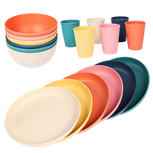 18pcs Wheat Straw Dinnerware Sets, Unbreakable dish Set Reusable Plates, Bowls, and Cups Set dishes Dishwasher Microwave Safe for Kitchen Outdoor Travel Camping (Macron Color)