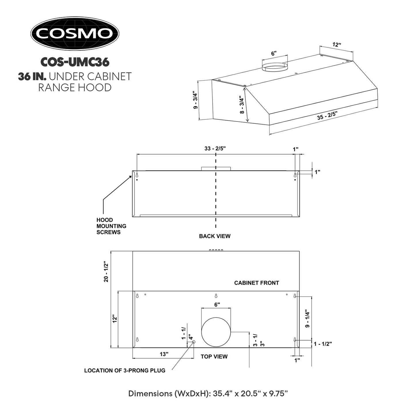 COSMO UMC36 36 in. Haven Collection 380 CFM Ducted Under Cabinet Range Hood, LED Lights, Touch Controls, Stainless Steel