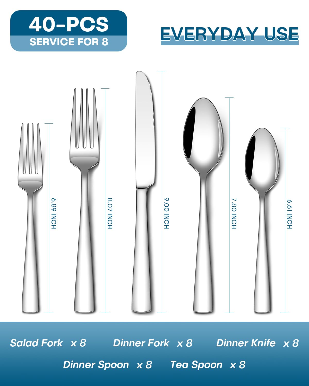 Stapava 40 Piece Silverware Set, Food-Grade Stainless Steel Flatware Sets for 8 Mirror Polished Cutlery Utensil Sets Include Dinner Knives Spoons and Forks Set Dishwasher Safe for Home Restaurant
