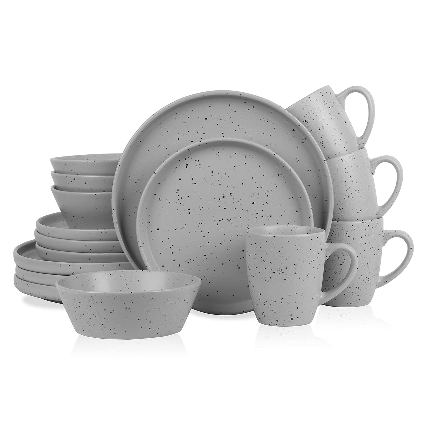 Stone Lain Jade Stoneware 16 Piece Dinnerware Set, Home Kitchen Dish Set with Dinner Plates, Salad Plates, Bowls, & Mugs - Service for 4, Light Grey