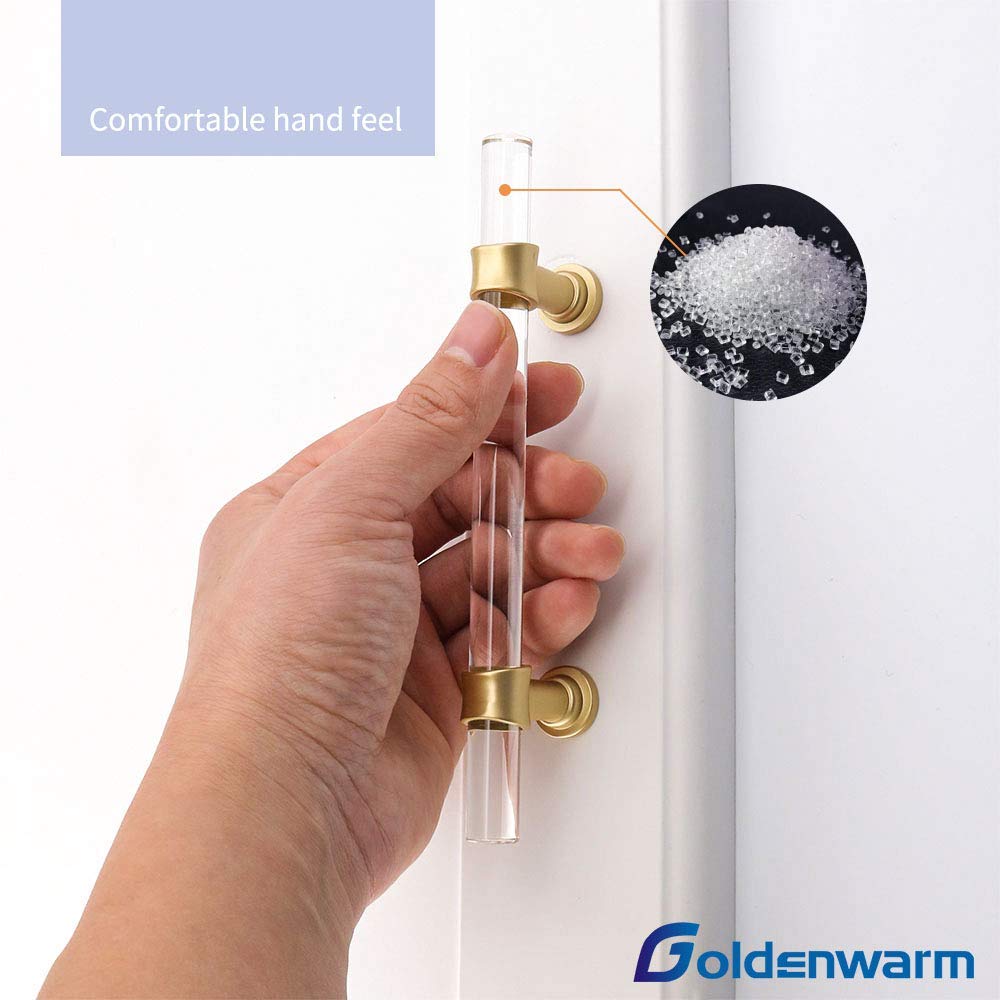 Goldenwarm 10 Pack 3-1/2 Inch Matte Gold Cabinet Pull Clear Acrylic Furniture Hardware Glass Cabinet Hardware for Kitchen Cupboard Bathroom