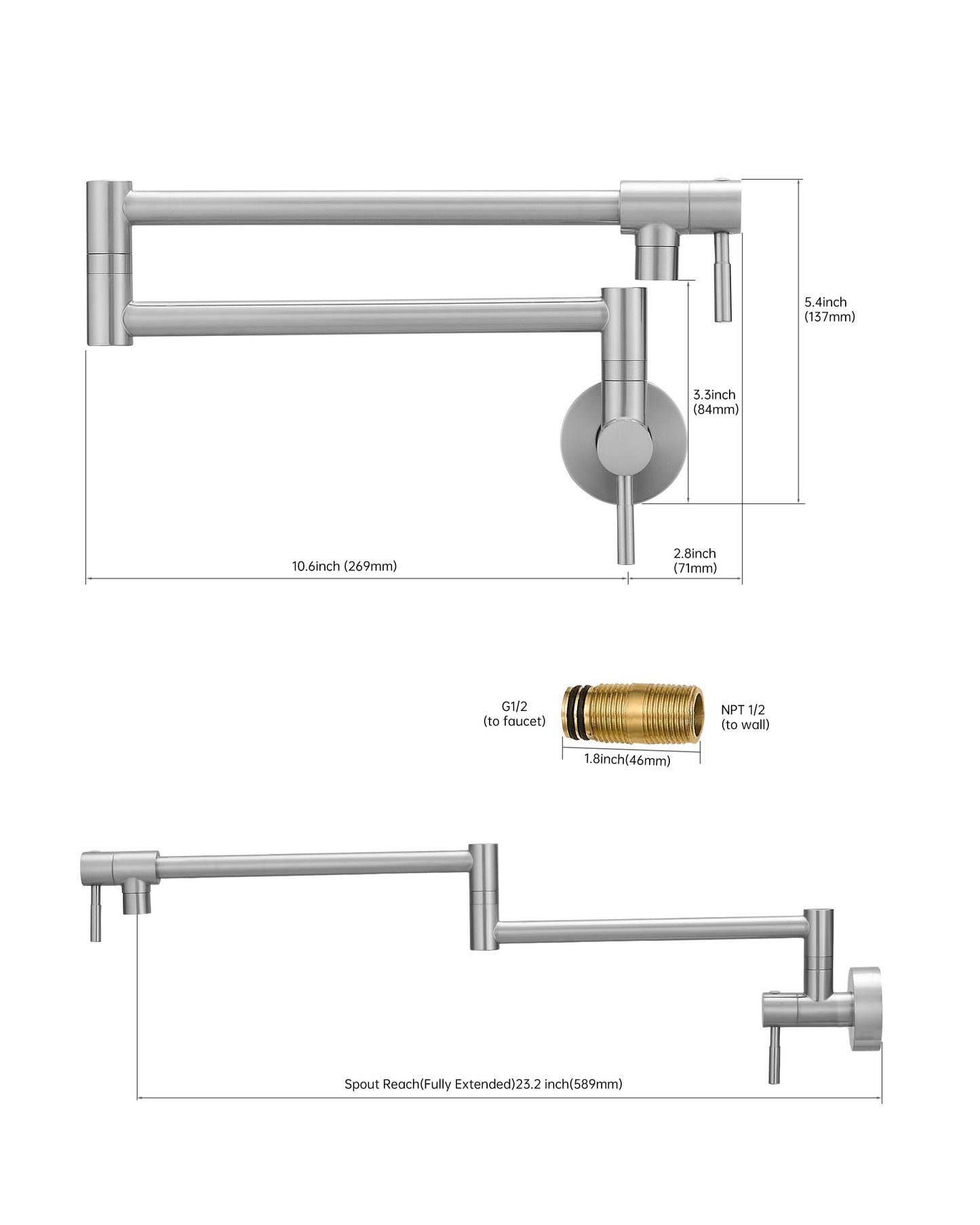 Fransiton Brushed Nickel Pot Filler, Pot Filler Faucet Wall Mount, Brass Folding Stretchable with Double Joint Swing Arm Single Hole Two Handles Kitchen Restaurant