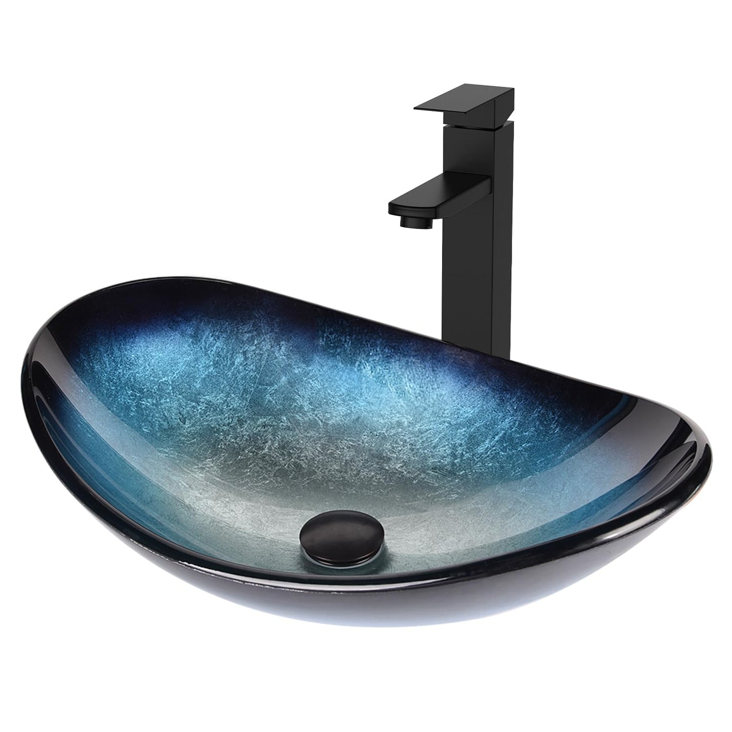 SOLIDEE Bathroom Boat Shape Artistic Glass Vessel Sink Free Black Faucet and Pop-up Drain Set, Blue