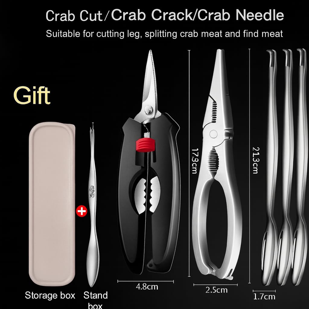 Premium Seafood Cracker Set – Stainless Steel Crab Leg Crackers, Lobster Sheller Scissors & 3 Forks with Storage Box – Heavy-Duty Tools for Crab, Lobster, Shellfish, Nuts