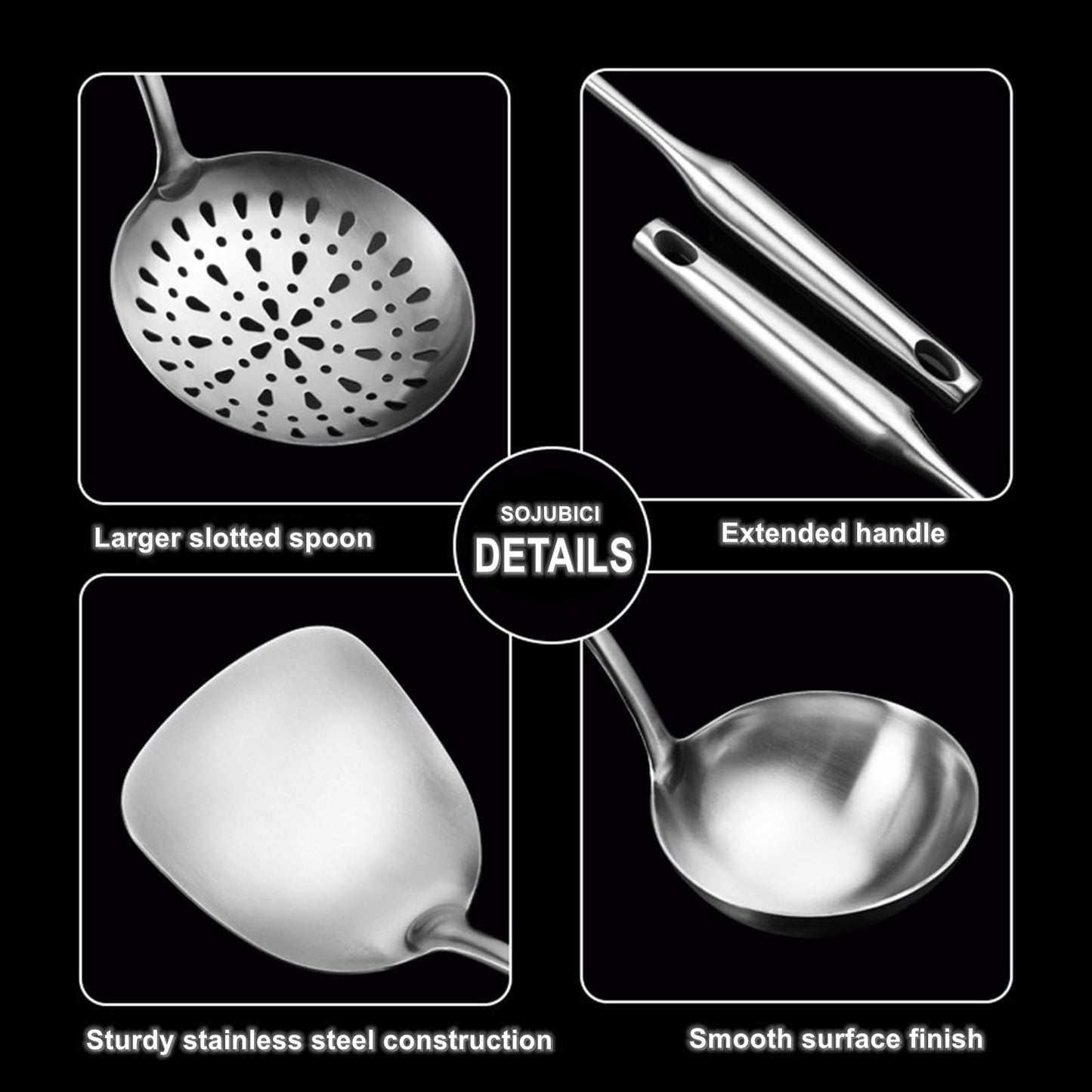 304 Stainless Steel Cooking Utensil Set 4-Piece Kitchen Utensils with Extra-Long Handles, Spatula,Ladle,Slotted Spoon,Slotted Spatula,One-Piece Construction, Ideal for Wok, Grilling, and Gifting
