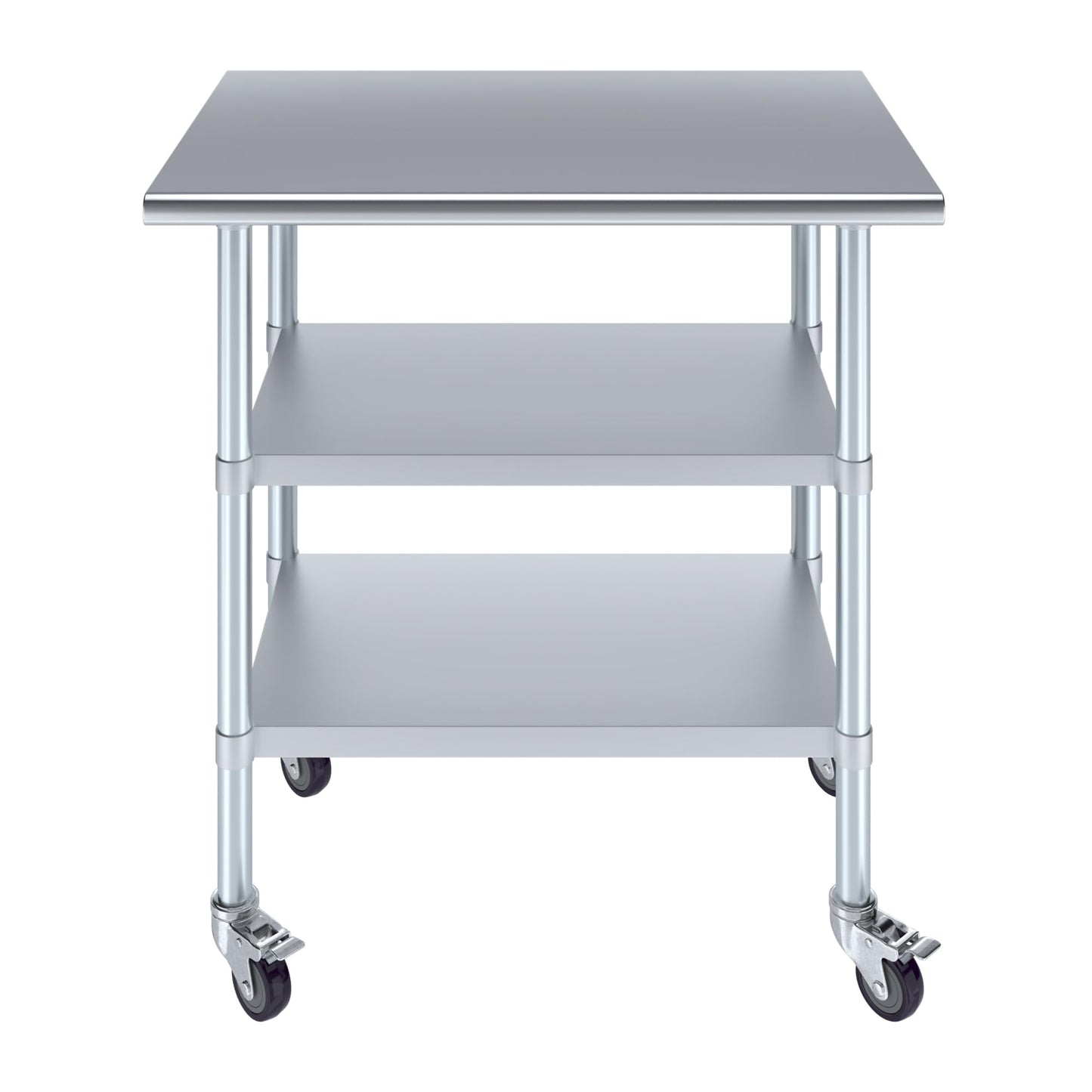 AmGood Stainless Steel Work Table with 2 Shelves and Casters | Metal Utility Table On Wheels (Stainless Steel Work Table with 2 Shelves + Casters, 36" Long x 24" Deep)