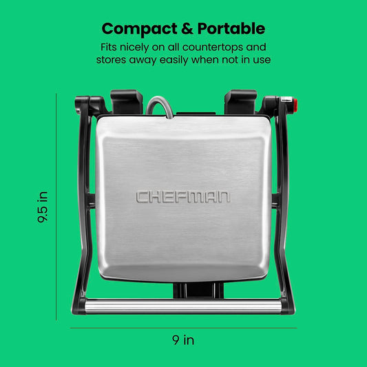 Chefman Panini Press Grill and Gourmet Sandwich Maker Non-Stick Coated Plates, Opens 180 Degrees to Fit Any Type or Size of Food, Stainless Steel Surface and Removable Drip Tray, 4 Slice, Black