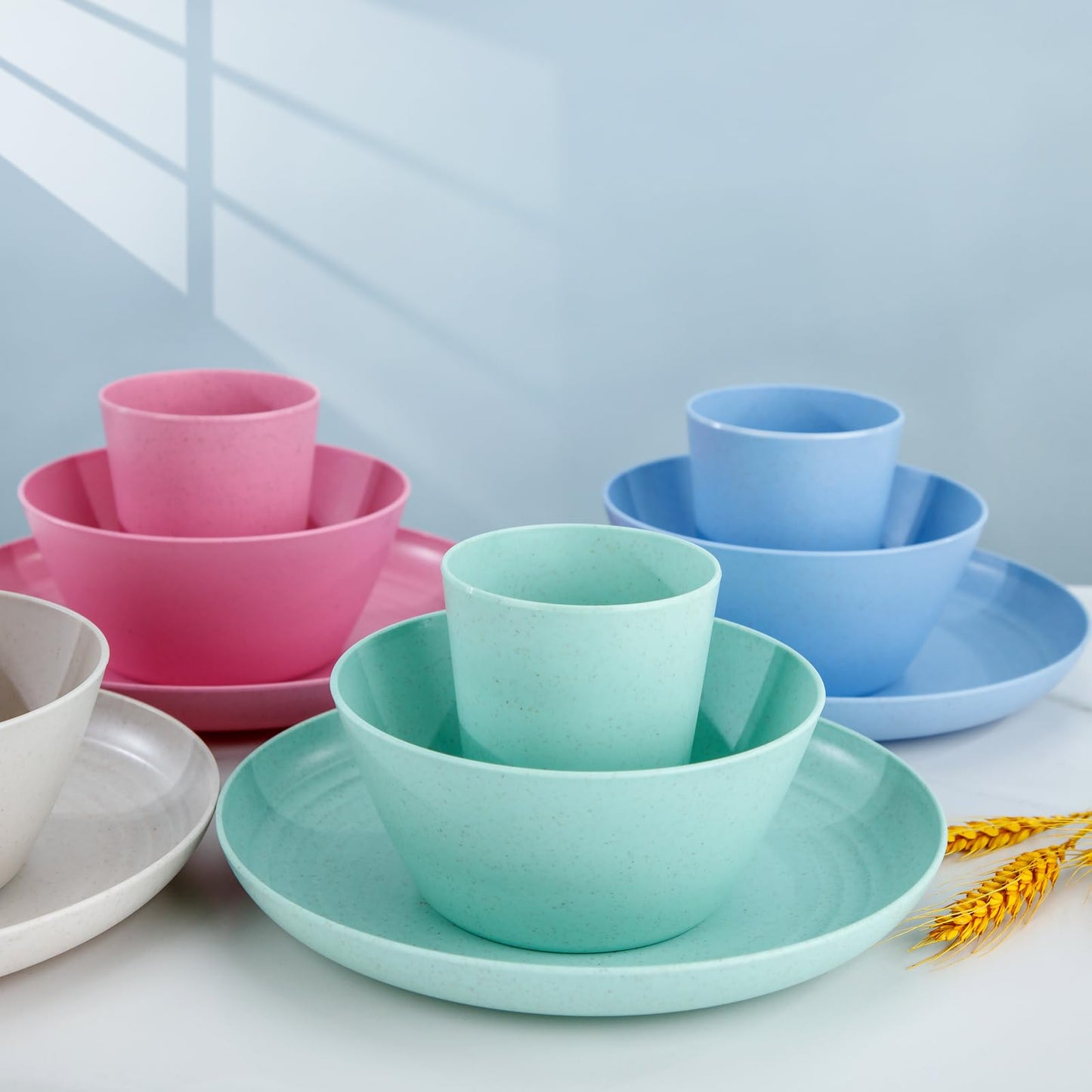 LIYH 36 Pcs Wheat Straw Dinnerware Set for 12,Plastic Plates Reusable,Camping Plates and Bowls Set,Dishwasher Safe Dinnerware,Unbreakable Plate Pink Green Blue Beige