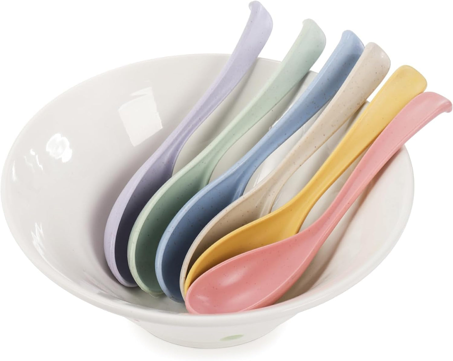 Hiceeden Set of 24 Reusable Plastic Asian Chinese Soup Spoons, Unbreakable Japanese Ramen Set, Long Dinner Spoons for Dumpling, Cereal, Dishwasher Safe, 6 Colors