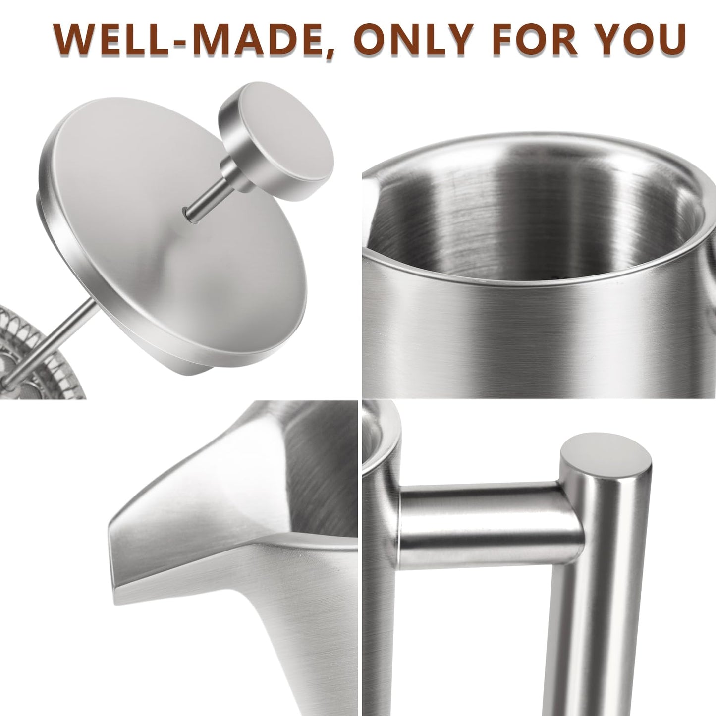 SZHETEFU French Press 34 OZ, Durable Stainless Steel French Press Coffee Maker, Double-Wall Insulated Coffee Presses for Travel Camping Tea, Easy to Use, Dishwasher Safe (Silver Matte)