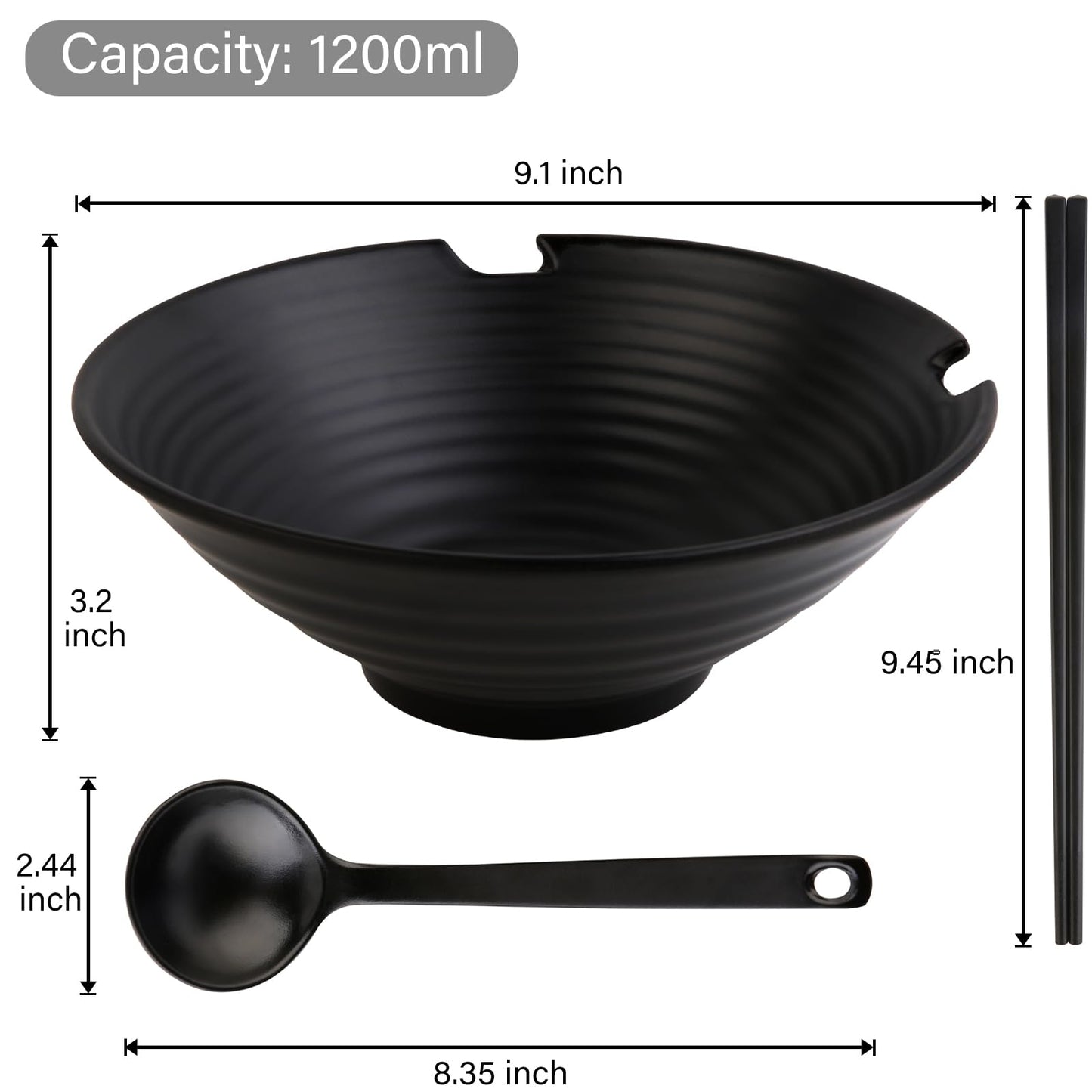 Donxote Japanese Style Ramen Bowls Set of 4, 37 oz Large Melamine Noodle Soup Bowl Set with Spoons and Chopsticks for Ramen, Pho, Udon, Asian Dishes