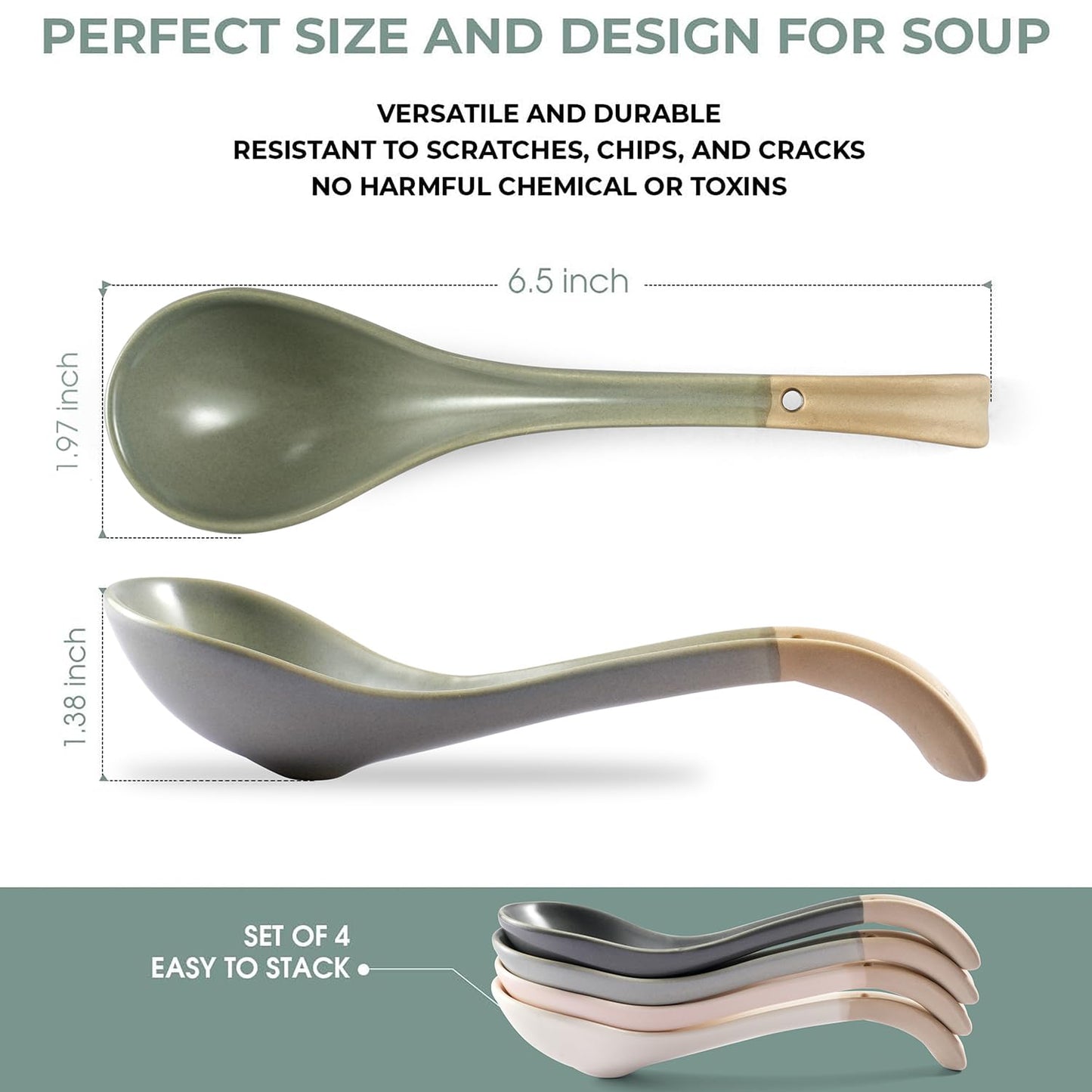 DAHO GOMSU Asian Ceramic Soup Spoon, with Long Handle Easy to Hold, Non-slip Bottom, for Japanese Ramen, Chinese and Vietnamese Wonton, Noodle Soup Spoons (V38)