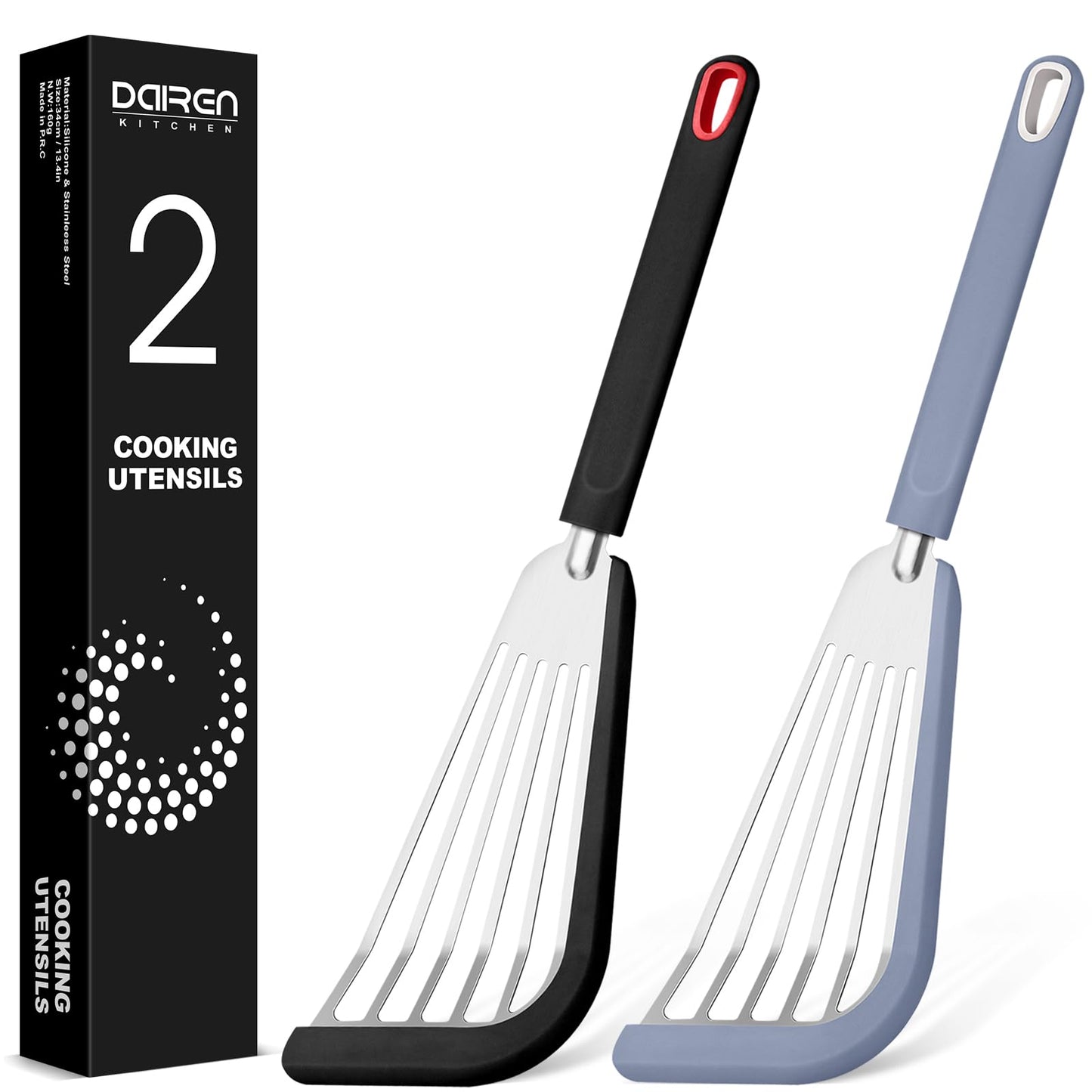 Fish Spatula Turner, Thin Slotted Spatulas for Nonstick Cookware,Silicone Edge Heat Resistant Kitchen Flipper for Fish, Egg, Pancake(Stainless Steel, 2Pack)