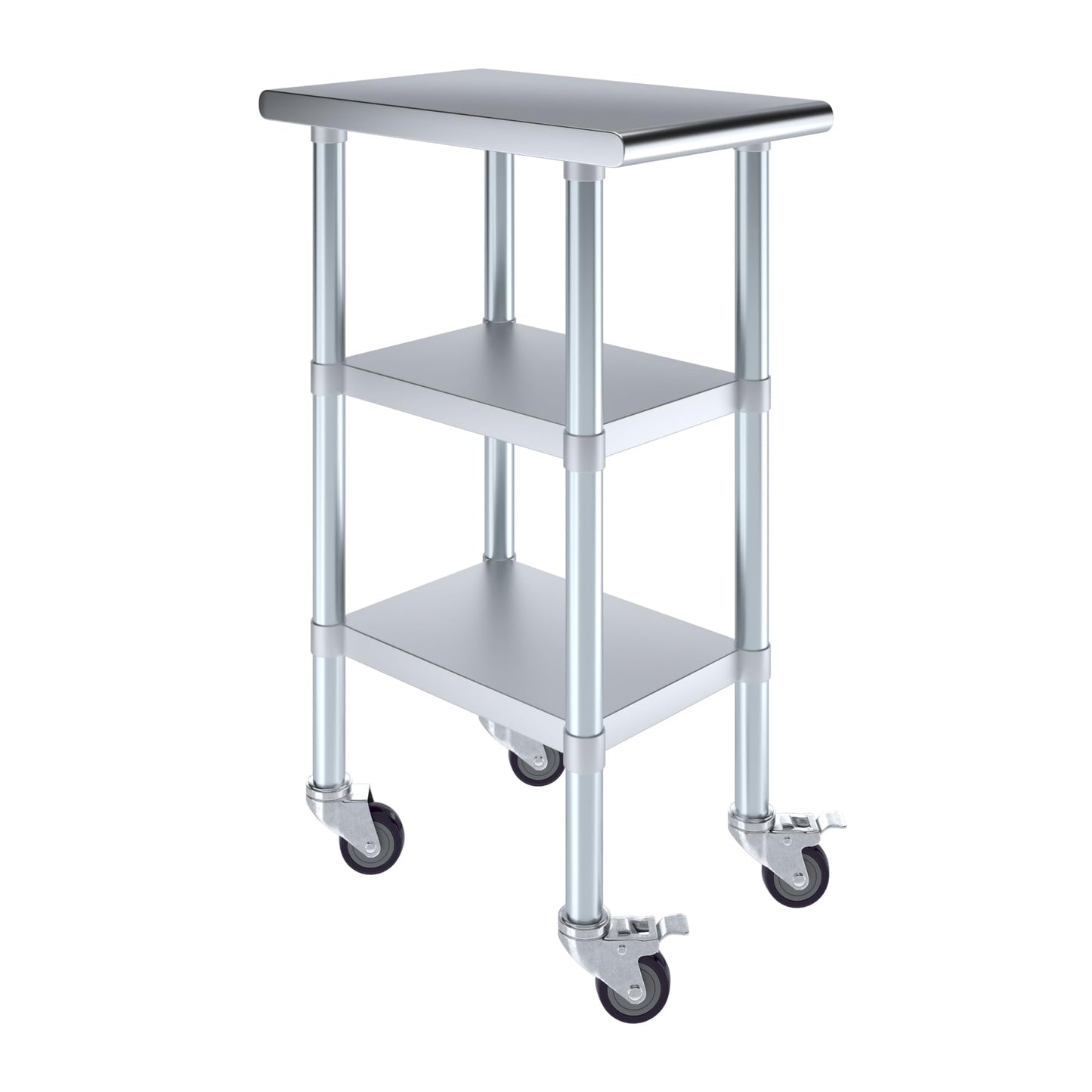 AmGood Stainless Steel Work Table with 2 Shelves and Casters | Metal Utility Table On Wheels (Stainless Steel Work Table with 2 Shelves + Casters, 15" Long x 24" Deep)