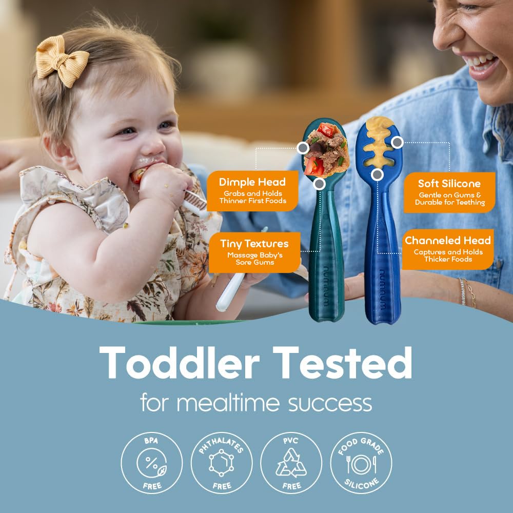 NumNum Baby Spoons Set, Feeding Littles x Silicone Pre-Spoon GOOtensils for Baby Led Weaning, Self-Feeding & Teething, First Stage Toddler Utensils for Ages 6+ Months, 3-Pack, BPA-Free (Jewel Tones)