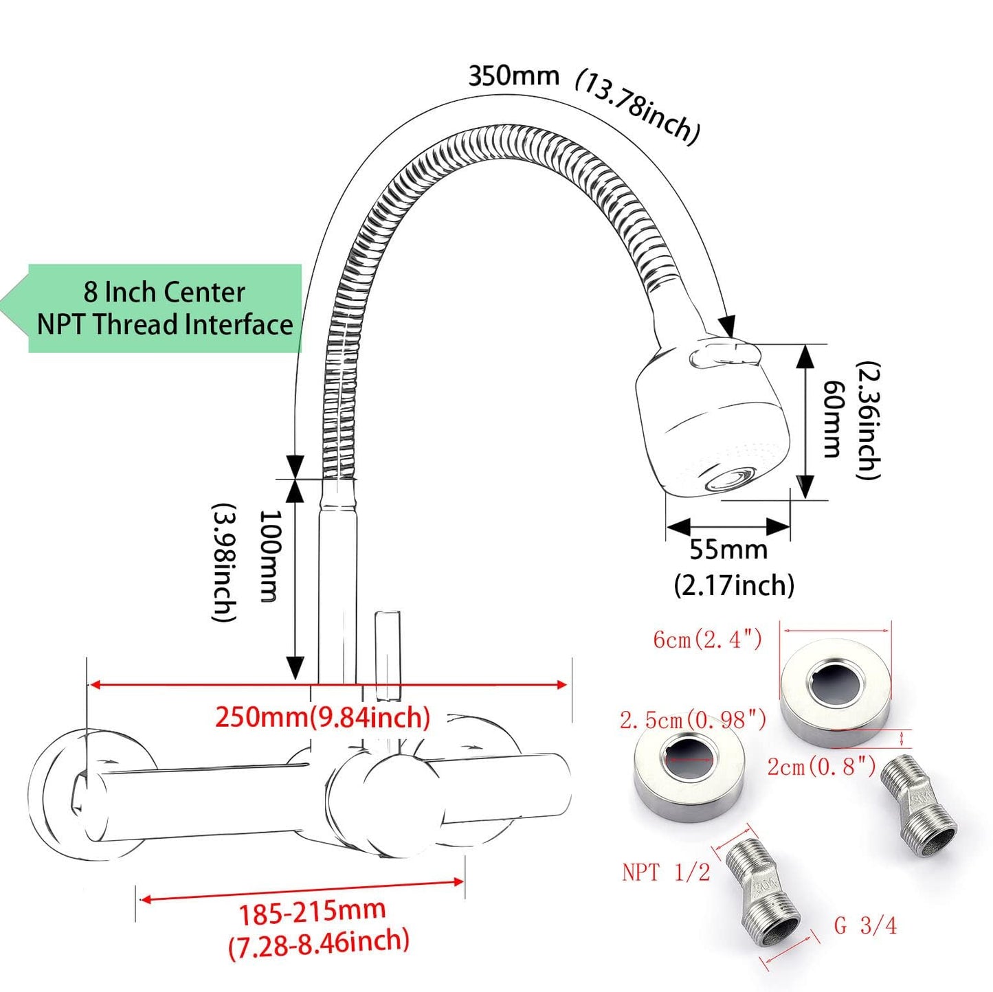 ZHYICH Wall Mount Kitchen Sink Faucet 8 Inch Center with Flexible Sprayer,Stainless Steel Mixer Tap with Dual Function Sprayer,Nickel Brushed Unility Sink Faucet