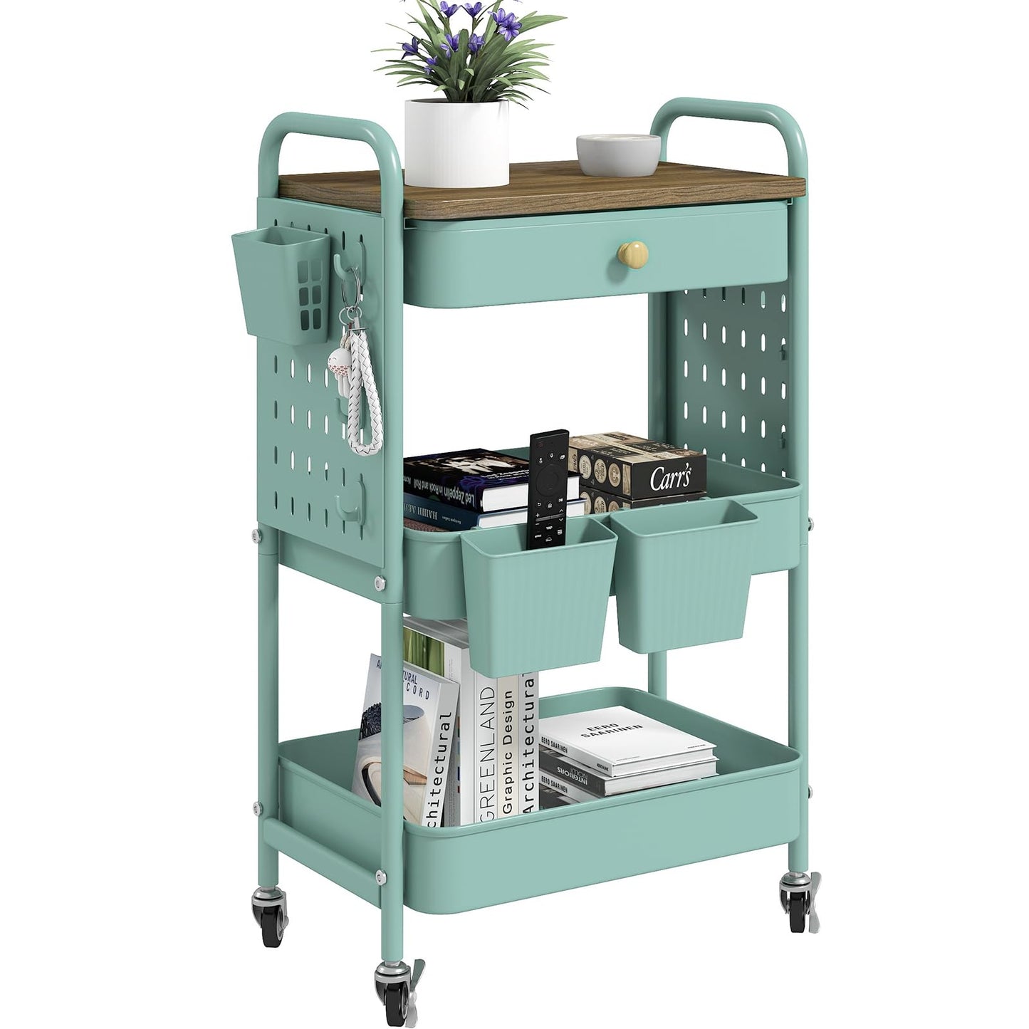 danpinera 3 Tier Rolling Cart, Metal Utility Cart with Wooden Table Top & DIY Pegboard, Rolling Carts with Drawer, Storage Cart Craft Cart with Hooks & Hanging Cups for Kitchen, Bathroom, Office