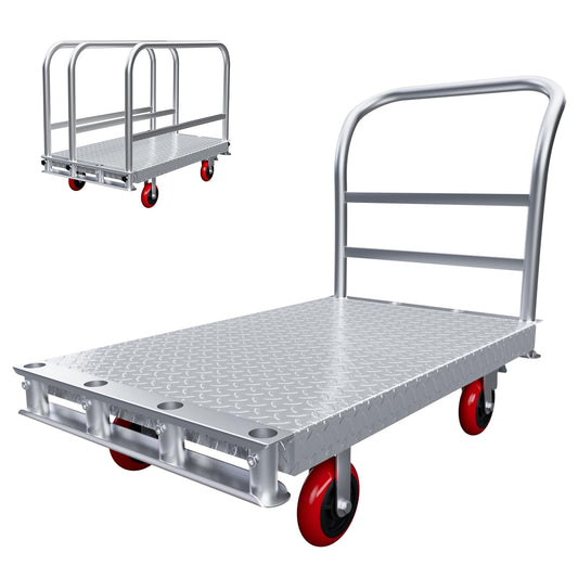 2IN1 Steel Panel Cart Dolly – Large Heavy Duty Drywall Lumber Truck Cart with 2700 LBS Capacity, 40 x 24 Inch 2.2MM Steel Plate, 6.3" Swivel Brake Wheels, 1 Front & 3 Side Handrails