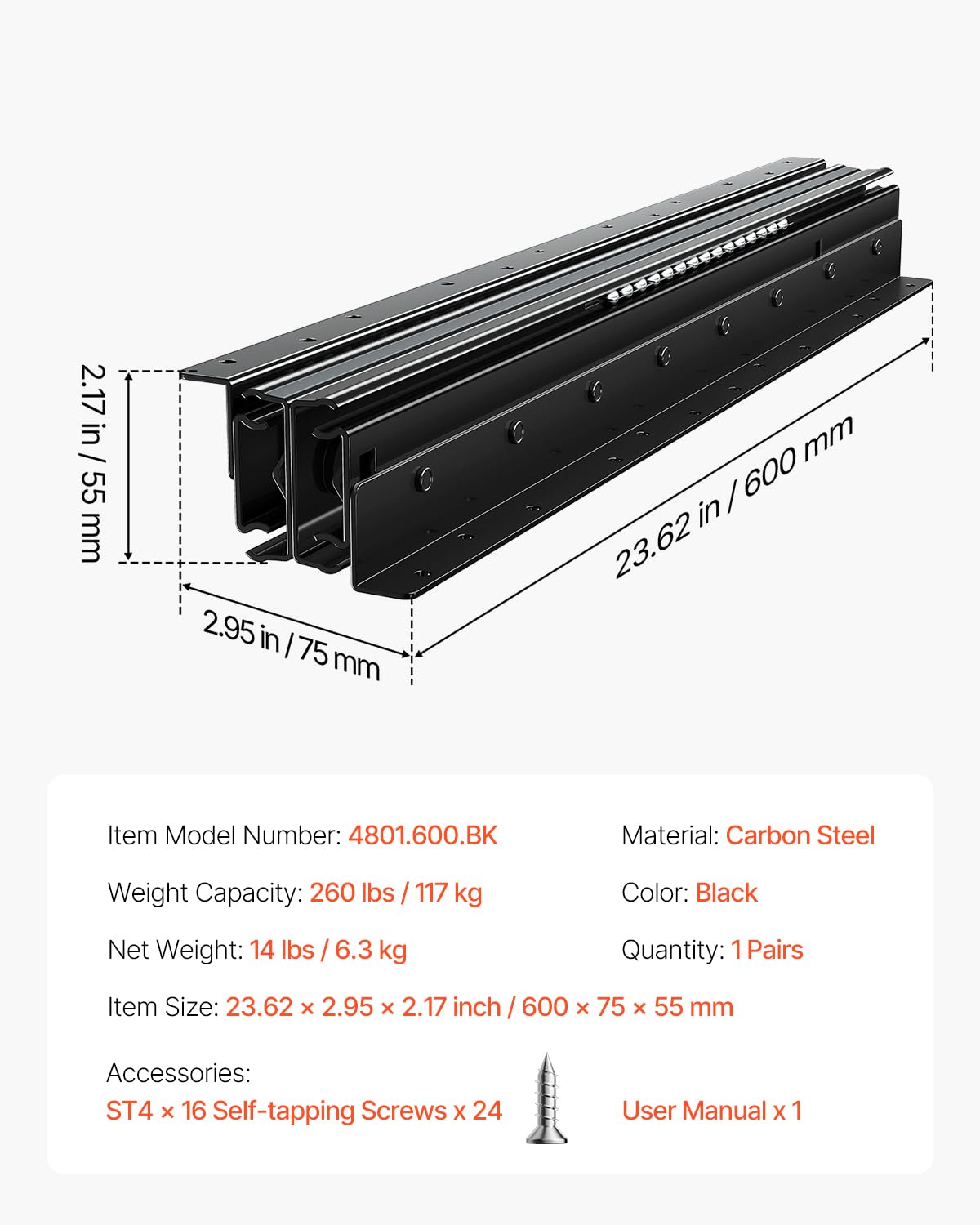 VEVOR Undermount Heavy Duty Drawer Slides, 16 24 32 40 Inch 260 lb Load Capacity Full Extension Ball Bearing Under Stair Cabinet Rails, Bottom Stair Cabinet Glides Track Runners(24inch, Black)