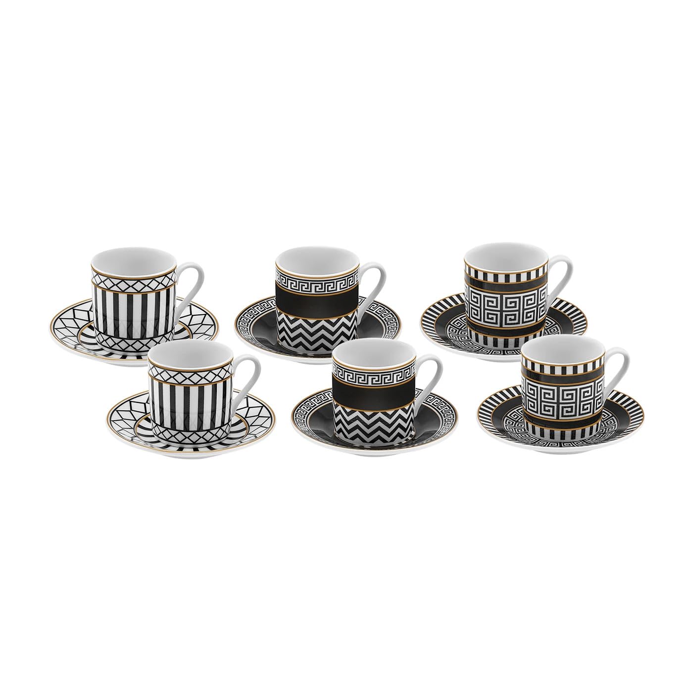 KARACA Helenistic Turkish Coffee Cups Set for 6, 12 Piece Porcelain Espresso Cups with Saucers, 80ML Demitasse Coffee Set, Black, Modern Elegant Design for Home & Gift