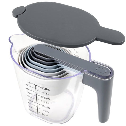 Recogwood Measuring Cups and Spoons set 10 Pieces, Stackable Measuring Cup with Lid, Kitchen Cooking Baking Measuring Spoons Set for Liquid and Dry, BPA Free, Dishwasher Safe
