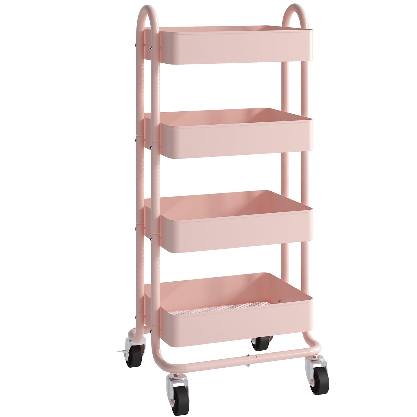 Elitehouse 4 Tier Metal Rolling Cart Pink Utility Cart with Wheels,Rolling Pink Cart for Office,Home,Kitchen,Garden（13.4"x18.1"x40"）