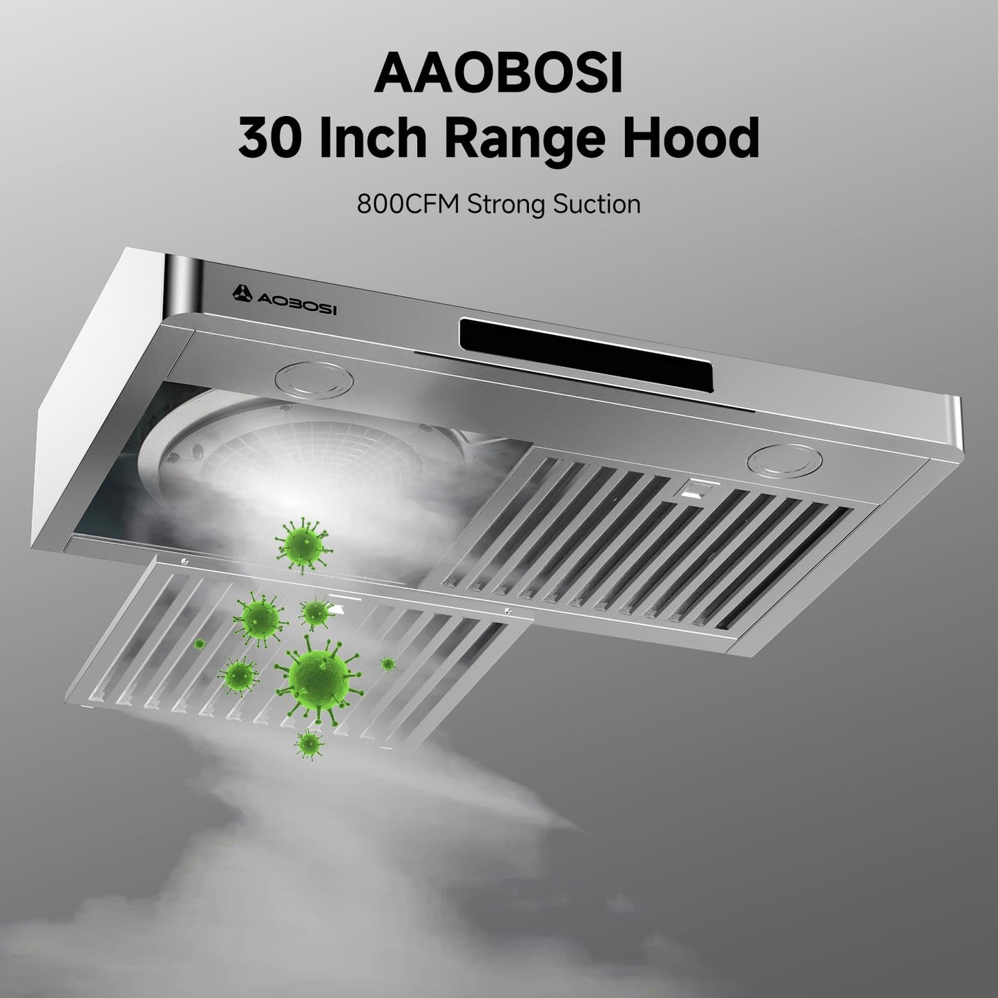 AAOBOSI 30 Inch Under Cabinet Range Hood, 800 CFM Stainless Steel Kitchen Vent Hood with Gesture Sensing, Touch Control, 3-Speed Exhaust Fan, LED Lights, Ducted Range Hood