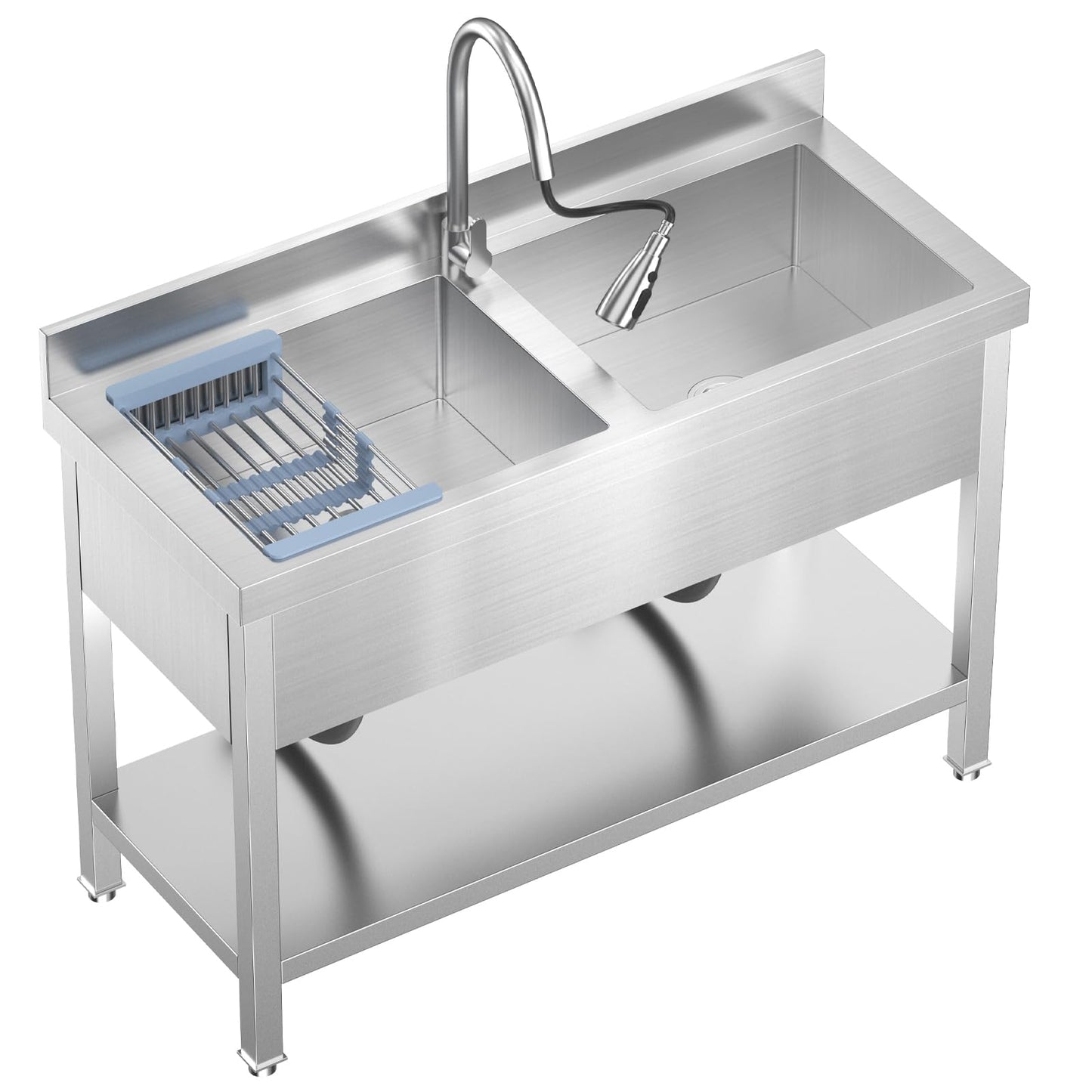 Stainless Steel Utility Double Bowl Sink with Faucet ，Drainboard & Lower Shelf - Heavy Duty Kitchen Prep & Cleaning Station for Restaurant, Garage, Laundry Room.