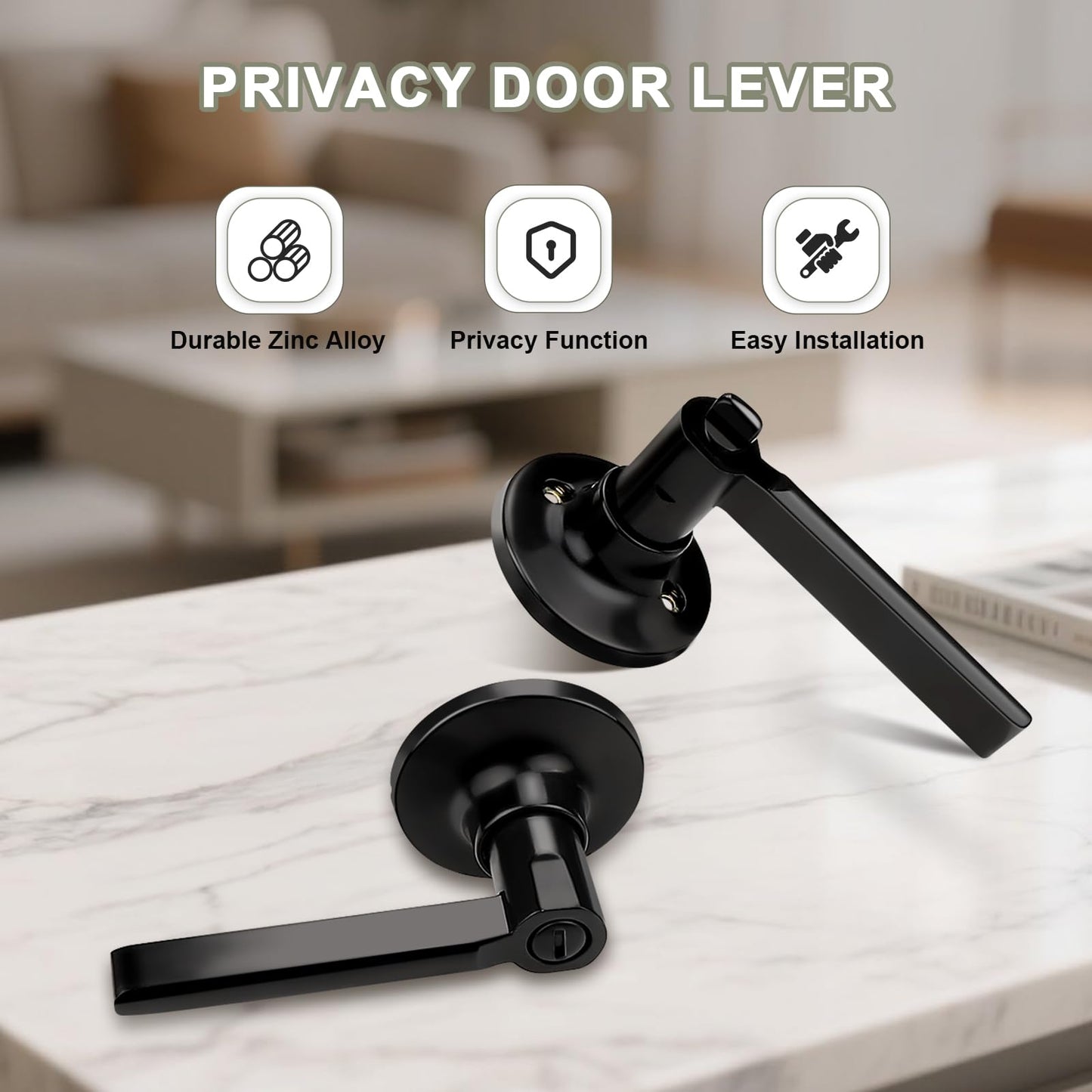 GOBEKOR 5 Pack Matte Black Door Handles Interior,Heavy Duty Privacy Door Levers with Lock,Sleek Round Interior Door Handles for Bedroom and Bathroom with No Key