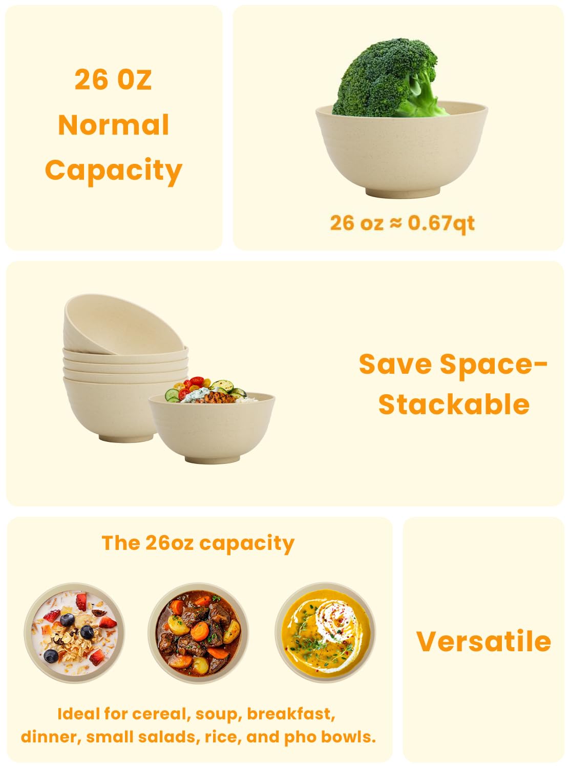Homienly Kitchen Bowls Wheat Straw Unbreakable Bowls for Dorm,RV,Camping,Cereal Bowls Set of 6 Lightweight and Stackable Bowls for Microwave and Dishwasher Safe (26oz,Beige)