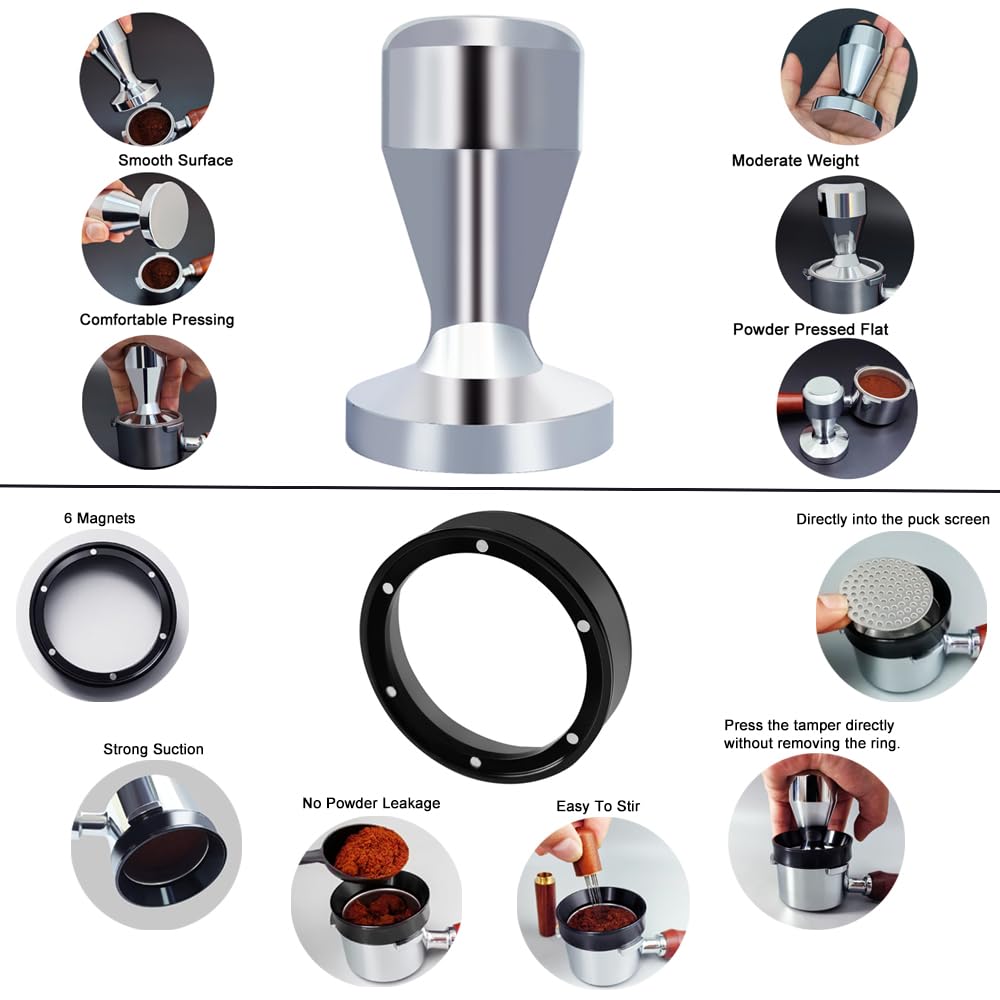 51mm Espresso Tamper Set, 5PCS Coffee Tamper Kit with WDT Tool, Coffee Stirrer, Dosing Funnel, Puck Screen 51mm Espresso Accessories Tampers Kit (Silver)