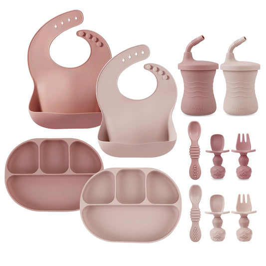 PandaEar 12PCS Silicone Baby Feeding Set | 2 Sectioned Baby Suction Plate, 2 Baby Bibs, 2 Toddler Cup, 4 Baby Spoons & 2 Baby Forks | Baby Led Weaning Supplies, Onesize