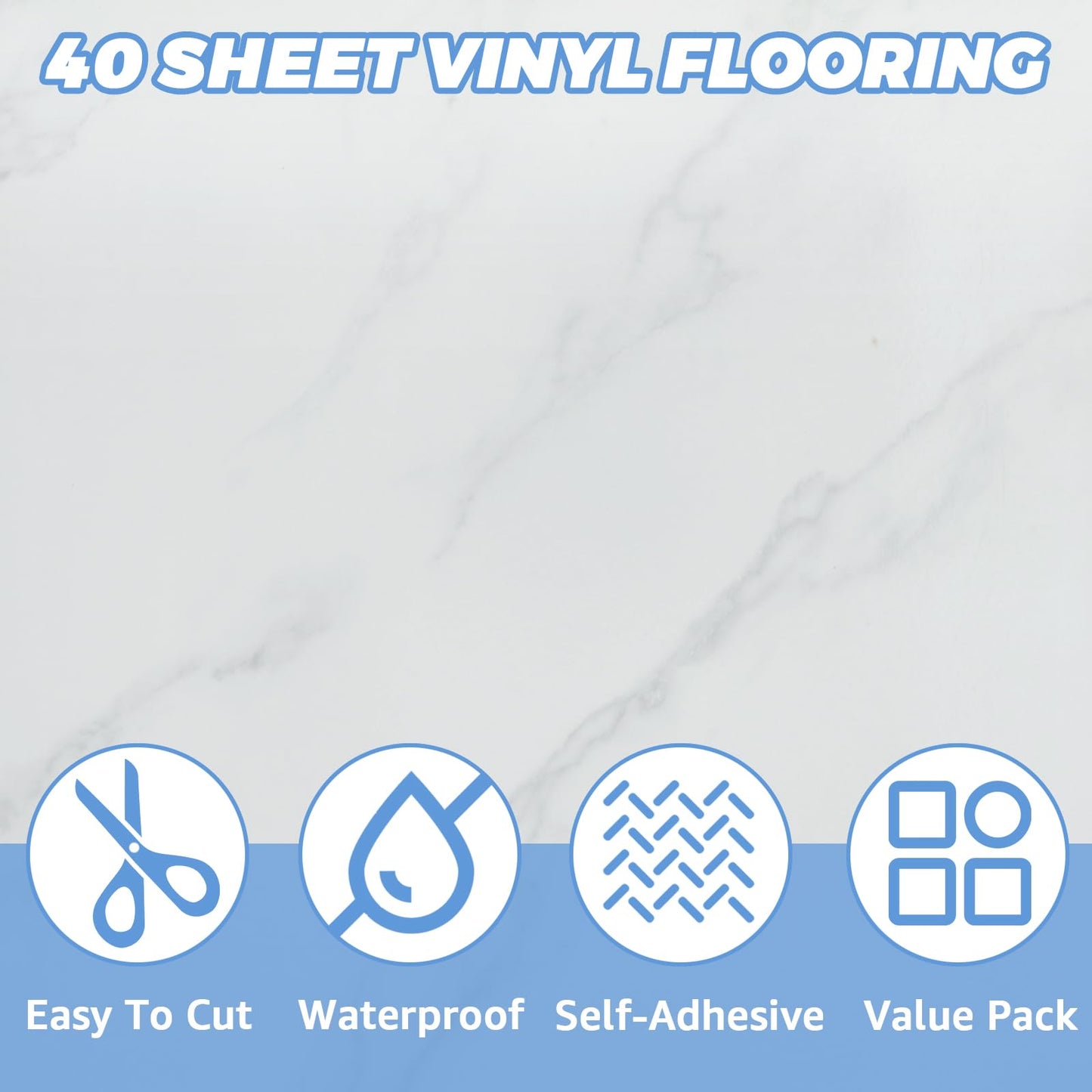 AKOLAFE 40 Sheet Vinyl Flooring 12x12 Inch Peel and Stick Floor Tile Waterproof White Marble Vinyl Floor Tiles Clearance Self Adhesive Floor Tiles Sticky Laminate Flooring Stick on Bathroom Kitchen RV