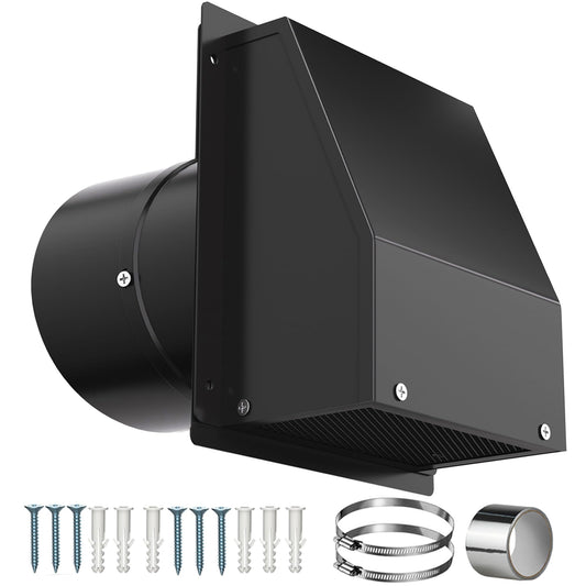 6 Inch Wall Vent with Screen and Damper, Galvanized Steel Hooded Wall Vent Cover Black Metal Exhaust Duct Cap Kit with Hose Clamp Aluminum Foil Tape Screw for Outdoor Laundry Room Kitchen Range Hood