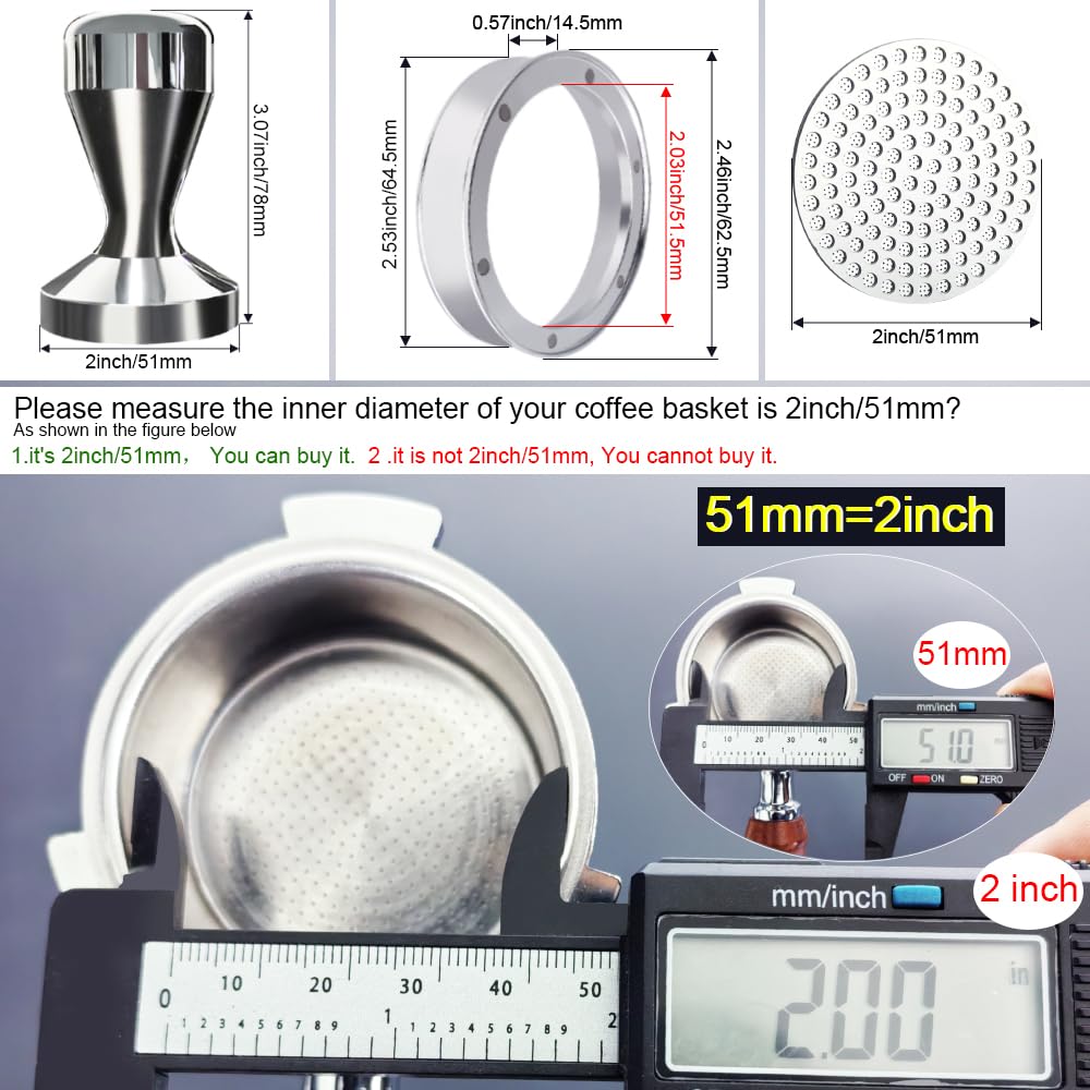 5 Pieces - 51mm Espresso Tamper Accessories Kit Fit 51mm Portafilters, 51mm Coffee Tampers Set, WDT Stirrer Tool, Puck Screen, Dosing Funnel, Coffee Cleaning Brush (51mm)