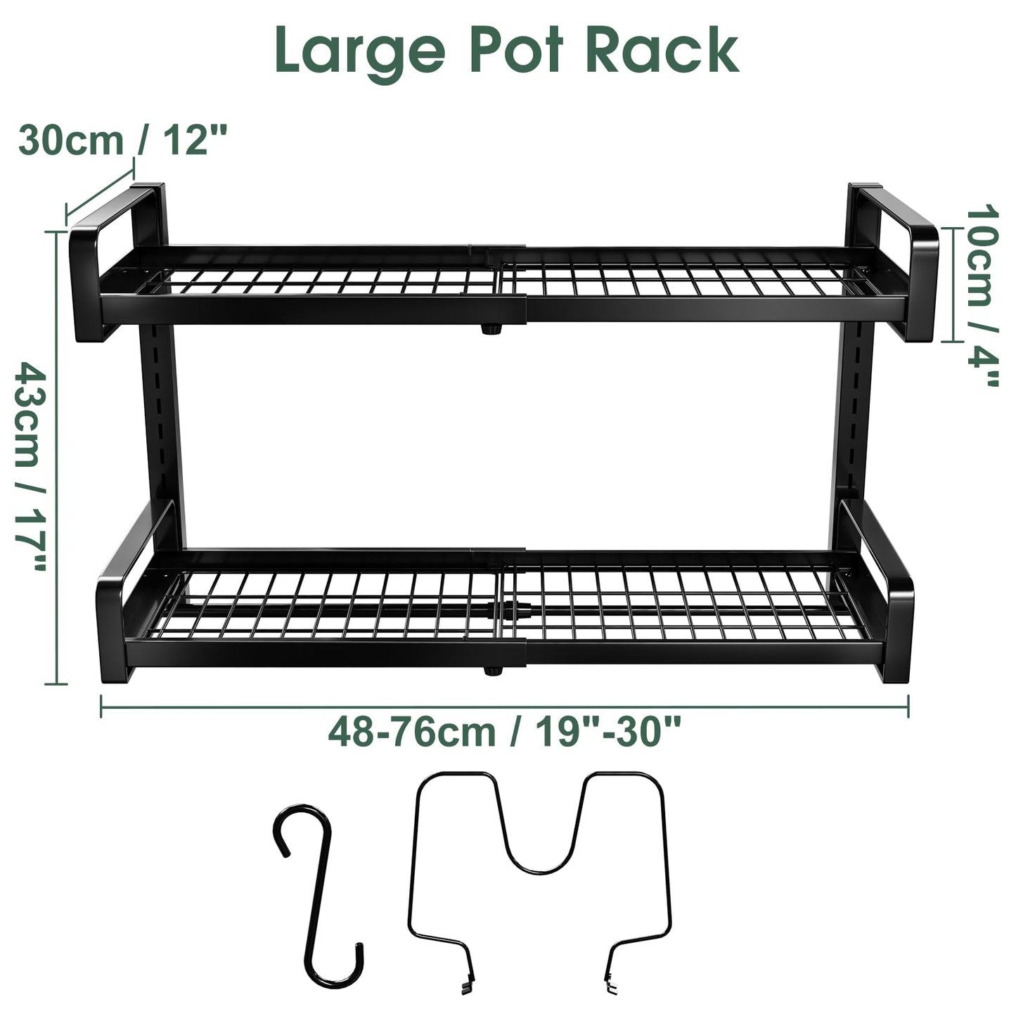 19"- 30" Expandable Hanging Pot Rack, 2 Tier Heavy Duty Wall Mounted Pots and Pans Organizer with 10 Hooks and 5 Pot Lid Holders, Pot Hanger Shelf for Kitchen Cookware Utensils Organizers and Storage