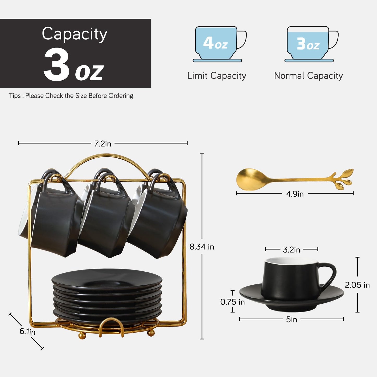 Lareina 3-Ounce Porcelain Espresso Cups Set of 6, Stackable Coffee Cups with Saucers, Spoons and Metal Stand, Ceramic Demitasse Mugs, Espresso Accessories for Machine, Black