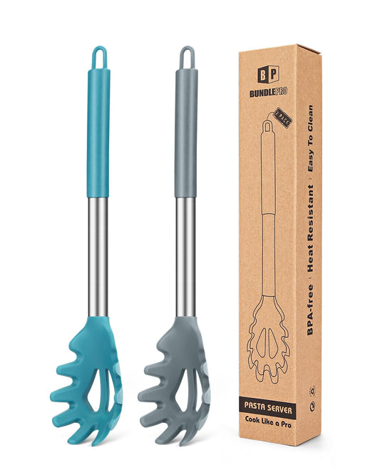 Pack of 2 Silicone Pasta Fork, Kitchen Heat Resistant Noodle Spoon Server, BPA Free Spaghetti Strainer, Best Cooking Tools (GRAY-BLUE)