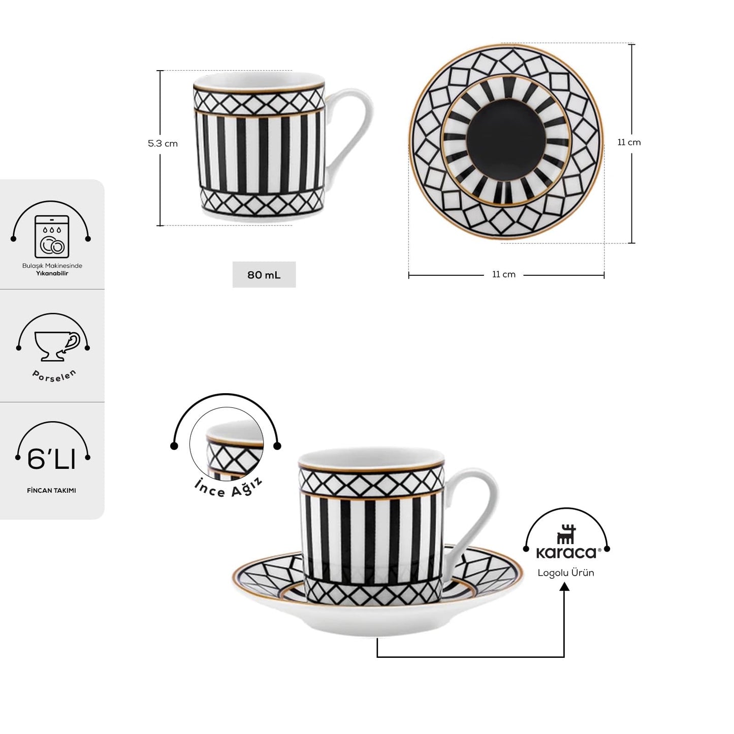 KARACA Helenistic Turkish Coffee Cups Set for 6, 12 Piece Porcelain Espresso Cups with Saucers, 80ML Demitasse Coffee Set, Black, Modern Elegant Design for Home & Gift