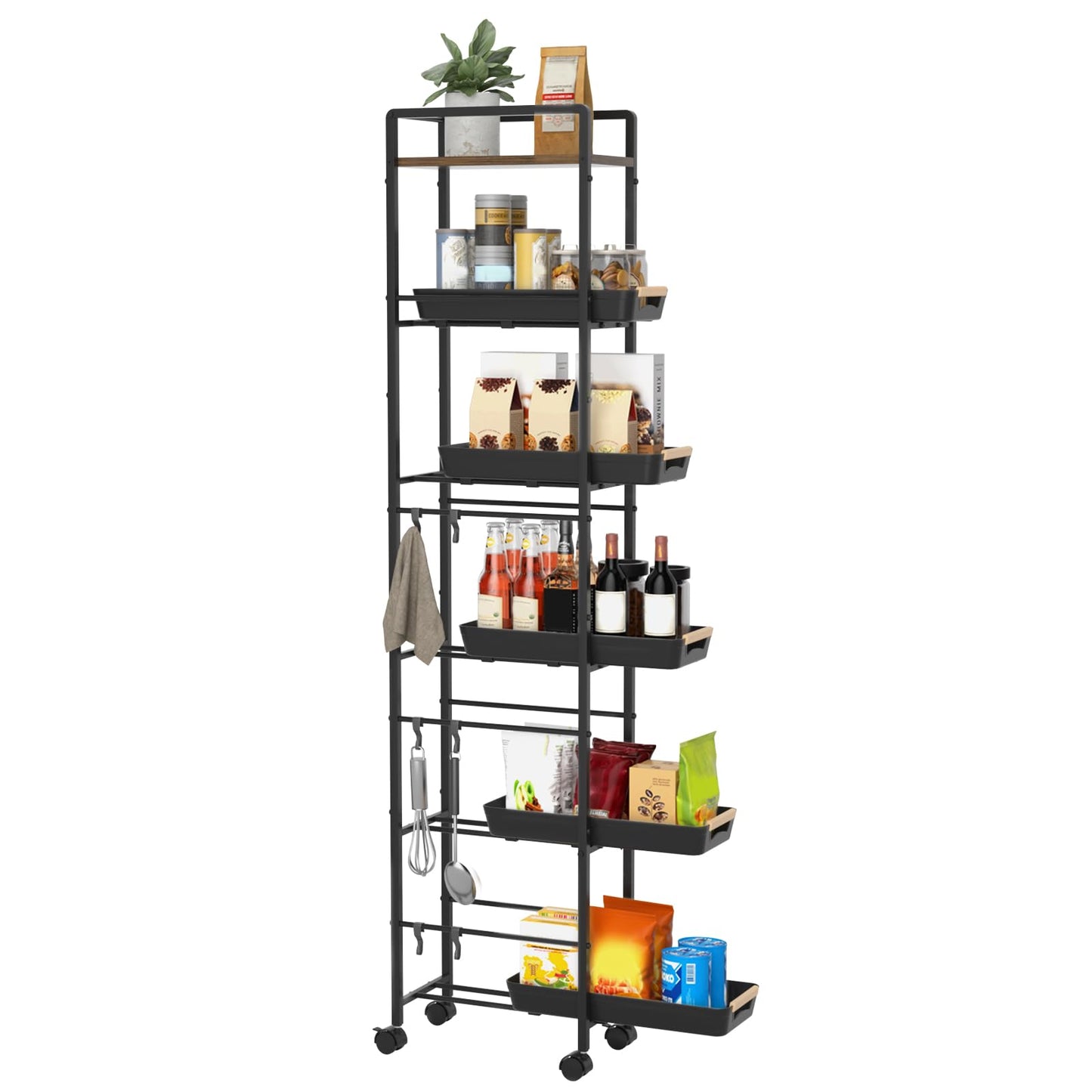 MAYBOSS 6 Tier Slim Storage Cart with Pull-Out Baskets Rolling Cart with Wheels Wood Top Narrow Utility Cart Metal Shelving Units for Pantry Laundry Room Bathroom Kitchen Black 8in(W)