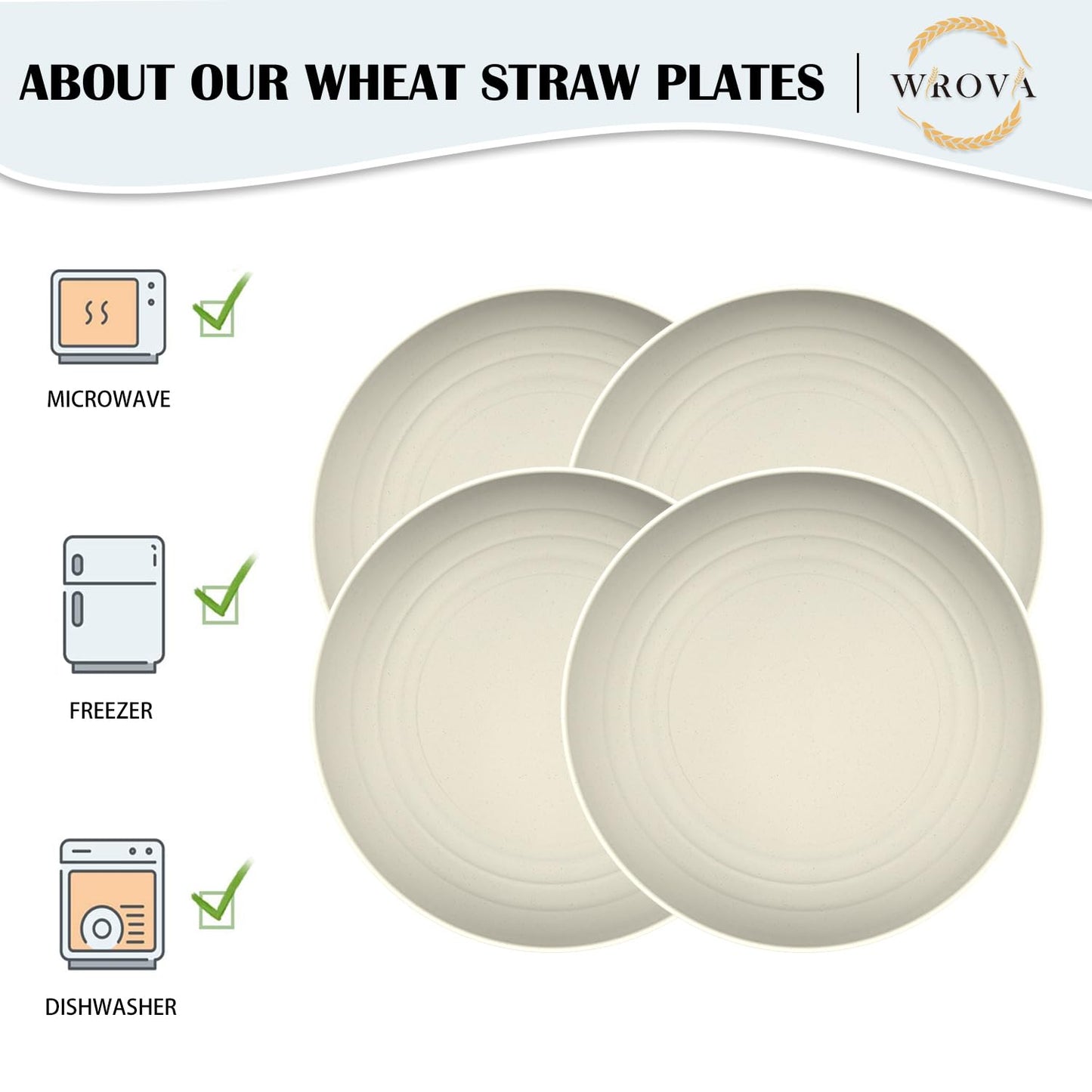 Wrova Large Wheat Straw Dinner Plates - 11 Inch Set of 8 - Unbreakable, Dishwasher & Microwave Safe - Deep Edge for Kitchen & Camping (Beige)