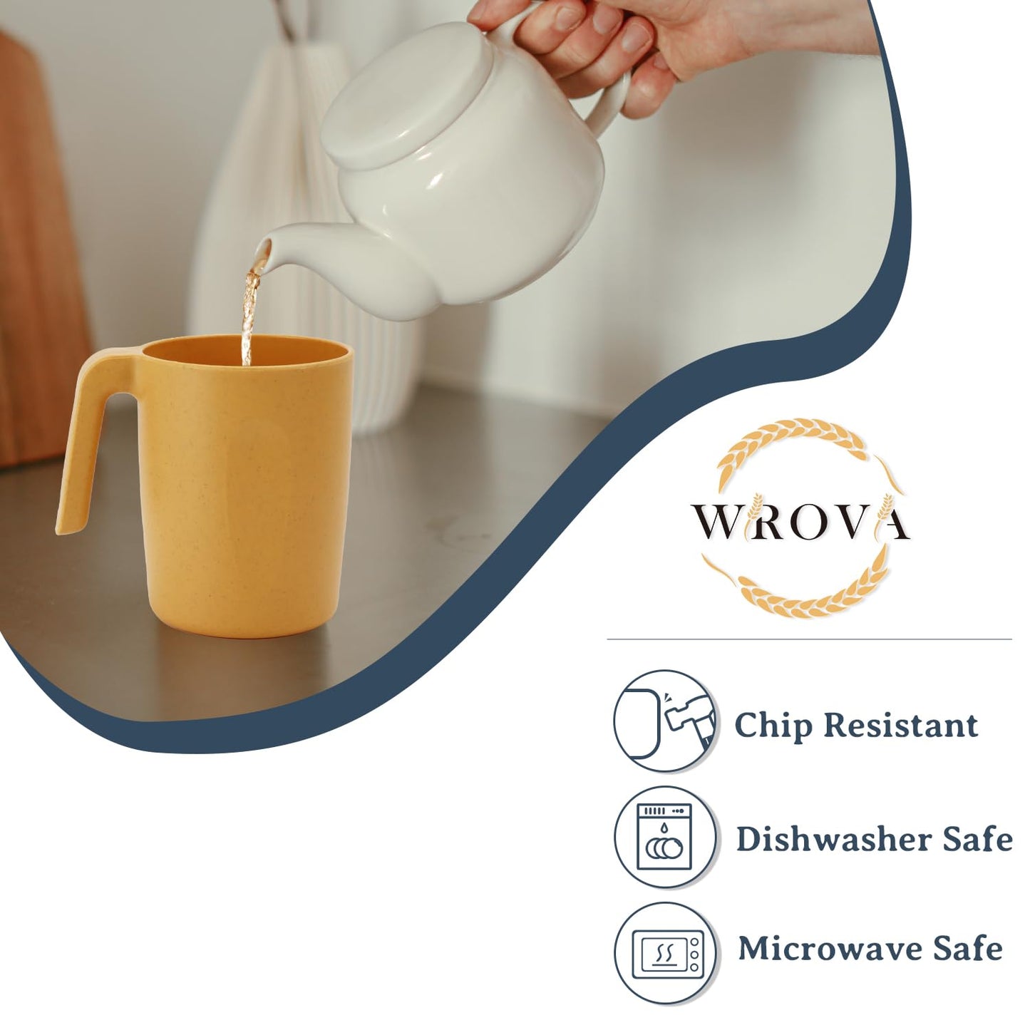Wrova 16oz Wheat Straw Cups with handles set of 6-Plastic Cups Reusable-Unbreakable Kids Mugs-Dishwasher Safe & Microwave Safe-Ideal Mugs for Tea,Coffee,Camping,RV-Banana Yellow