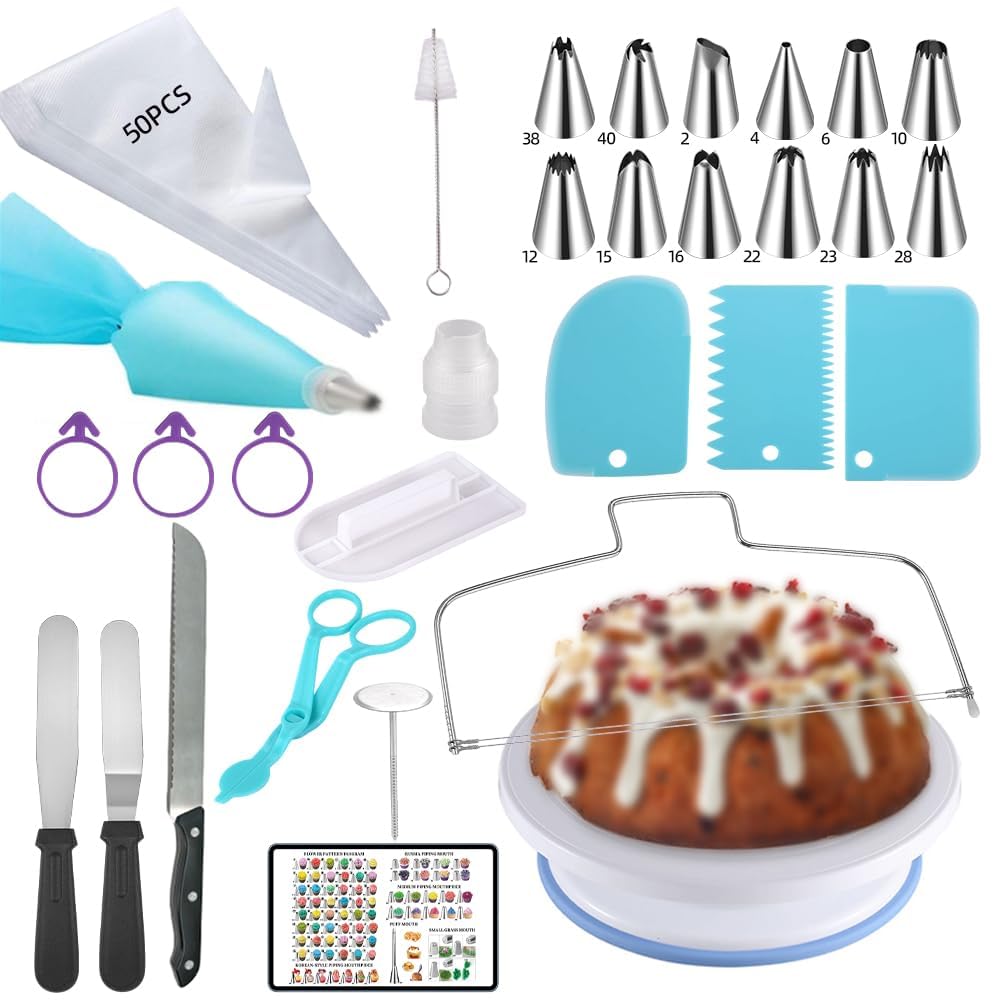 79PCS Cake Decorating Kit with Revolving Cake stand Turntable,Piping Bags and Tips Set for Cake Decorating,Cake Baking Supplies for Beginners Cake Tools Set with Icing Scrapers Spatulas
