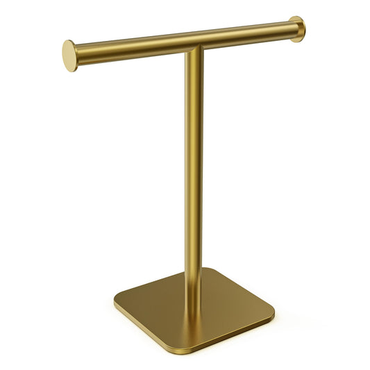 RUACQ Hand Towel Holder Stand, T-Shape Stainless Steel Free Standing Towel Rack, Vanity Countertop Towel Holder for Bathroom Kitchen Heavy Duty (Brushed Gold)