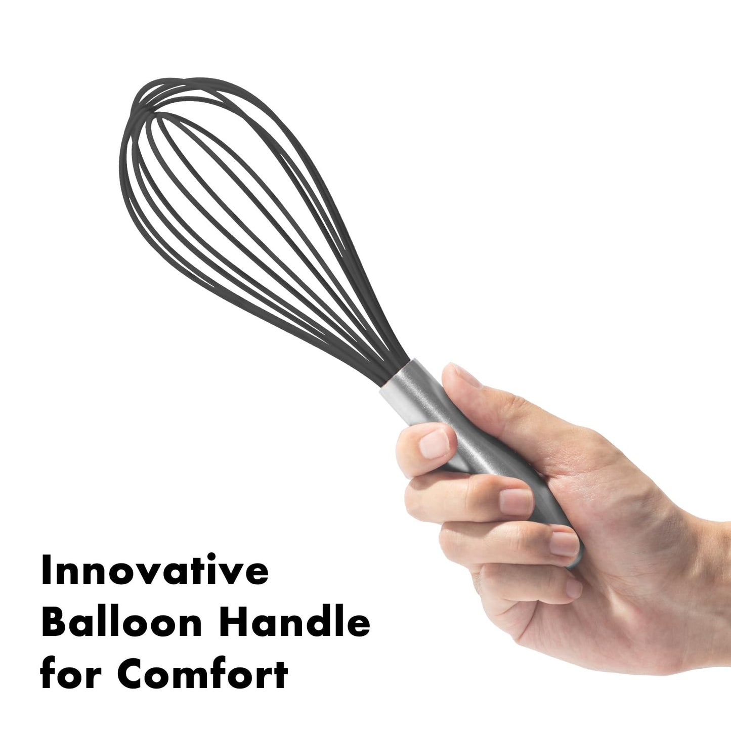 OYV 10-Inch Black Silicone Whisk, Heat Resistant 480°F Kitchen Whisk with Stainless Steel Ergonomic Handle, Non-Scratch for Nonstick Cookware, Dishwasher Safe, Perfect for Blending, Cooking & Beating