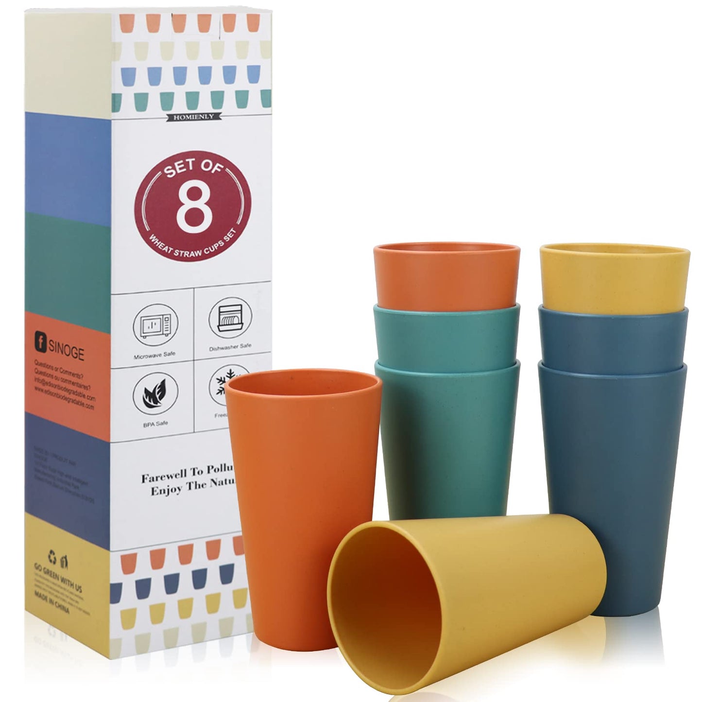 Homienly Reusable Plastic Cups - Wheat Straw Unbreakable Drinking Glasses & Water Glasses | Multi-Color Stackable Plastic Cups, Dishwasher Safe | Glassware & Cup Sets for Kitchen (20 oz 8-Pack)