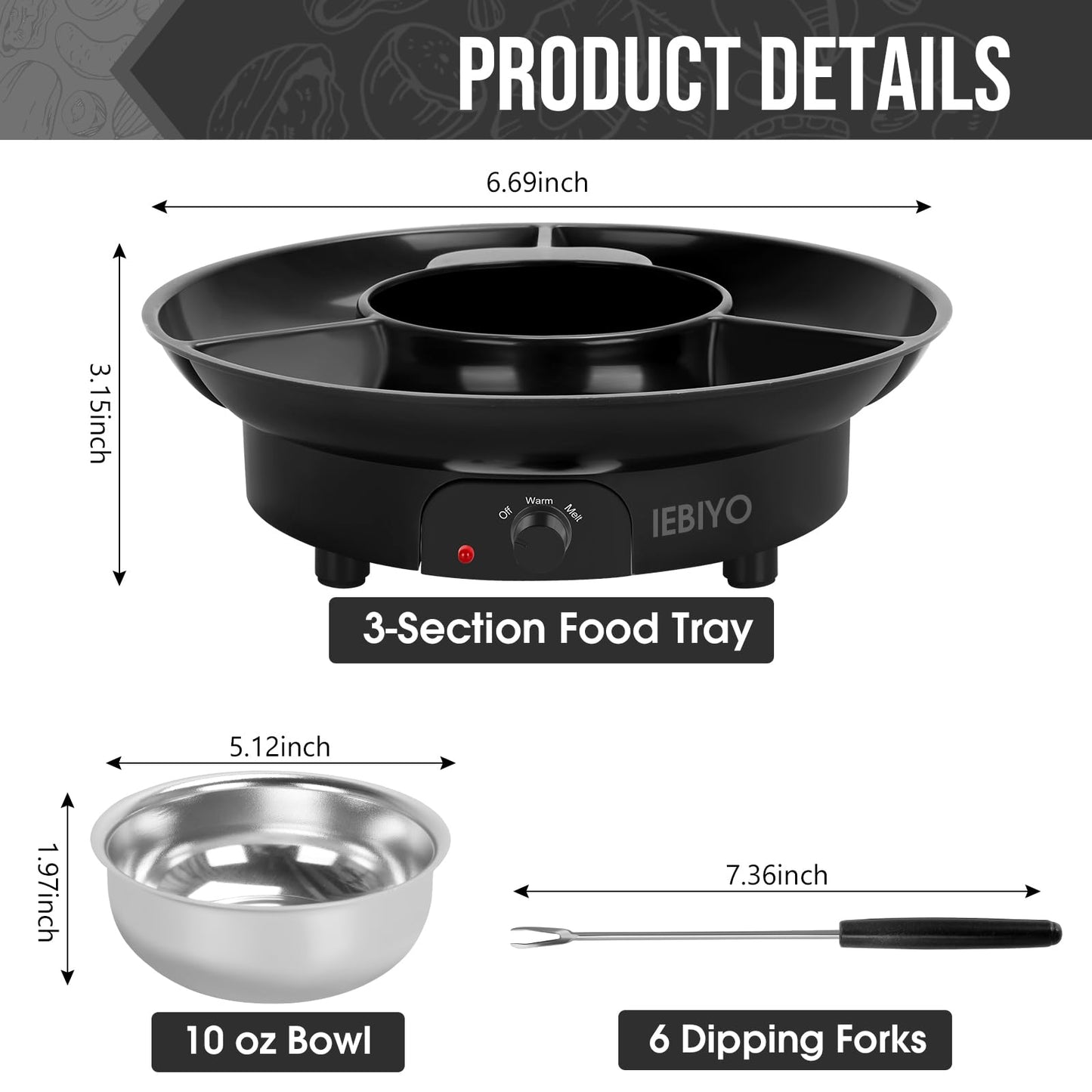 IEBIYO Chocolate Melting Pot Electric Chocolate Fondue Pot Set 3-Section Food Trays with 6pcs Dipping Forks Perfect for Chocolate Cheese Dessert Housewarming Christmas Party Gifts (Black)