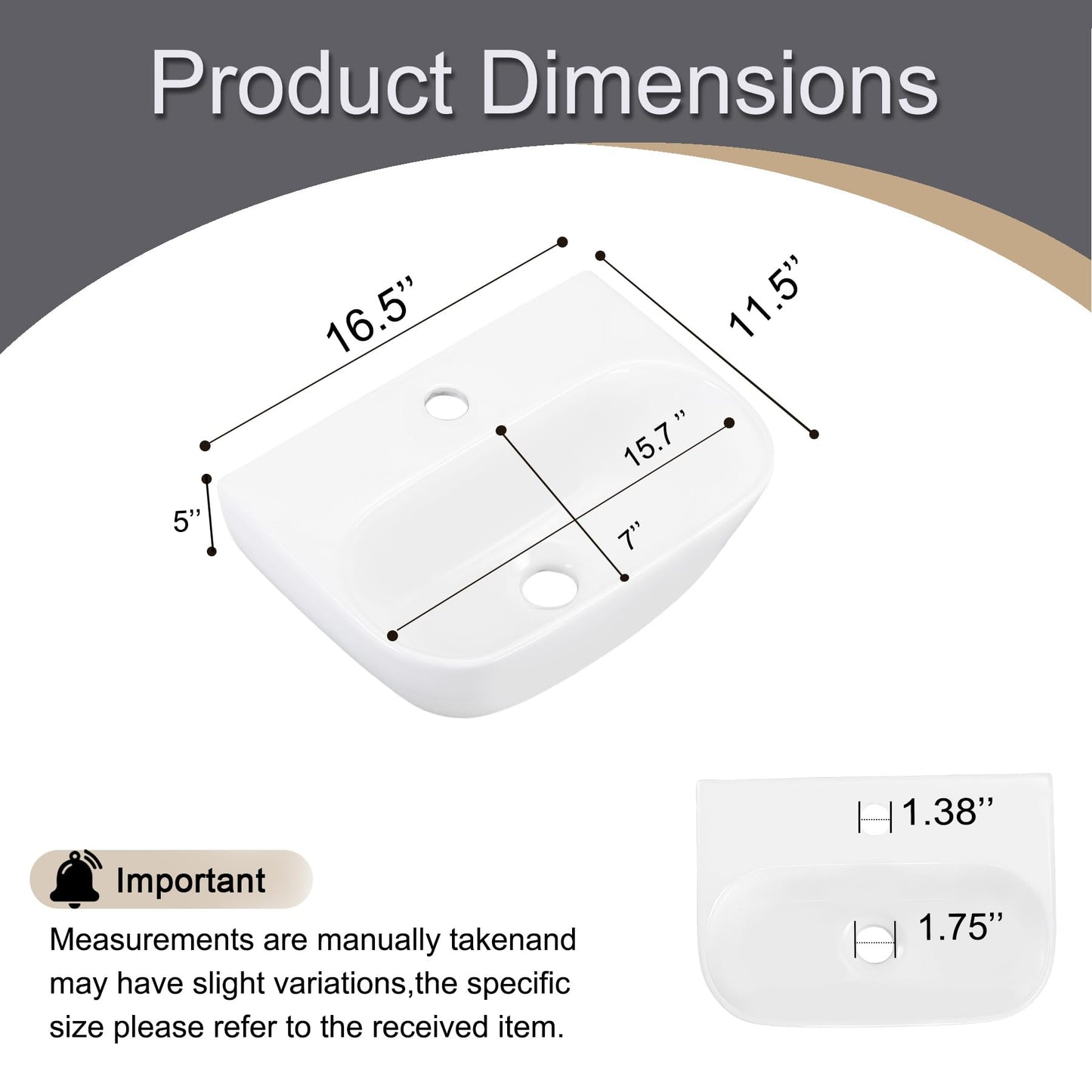 DEHOMEN 16.5" Wall Mount Bathroom Sink Rectangular Wall Hung Floating Vessel Sink Porcelain Lavatory Hand Basin for Small Bathroom,Grage White